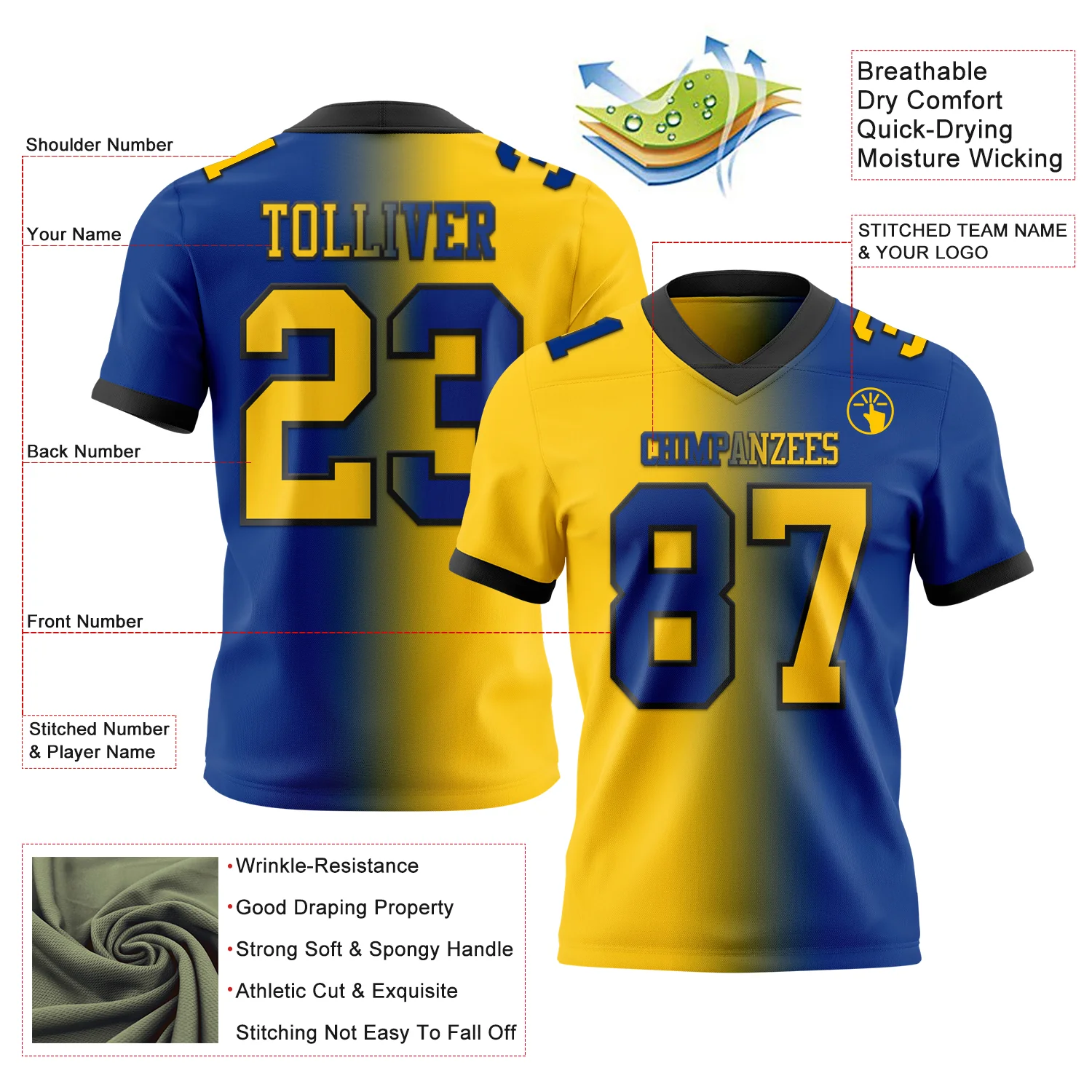 Custom Royal Yellow-Black Authentic Gradient Fashion Football Jersey
