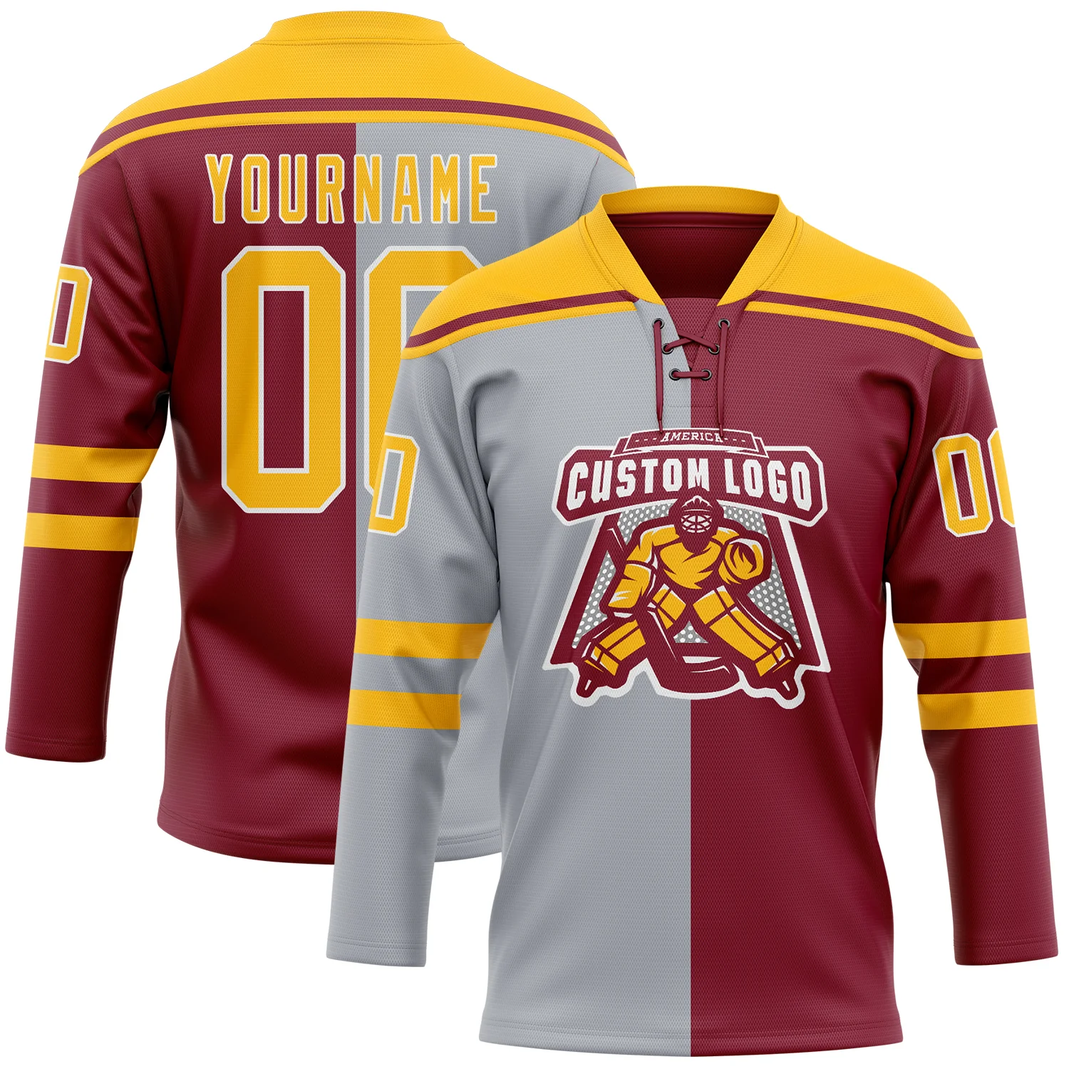 Custom Crimson Gold Gray-White Split Fashion Hockey Lace Neck Jersey
