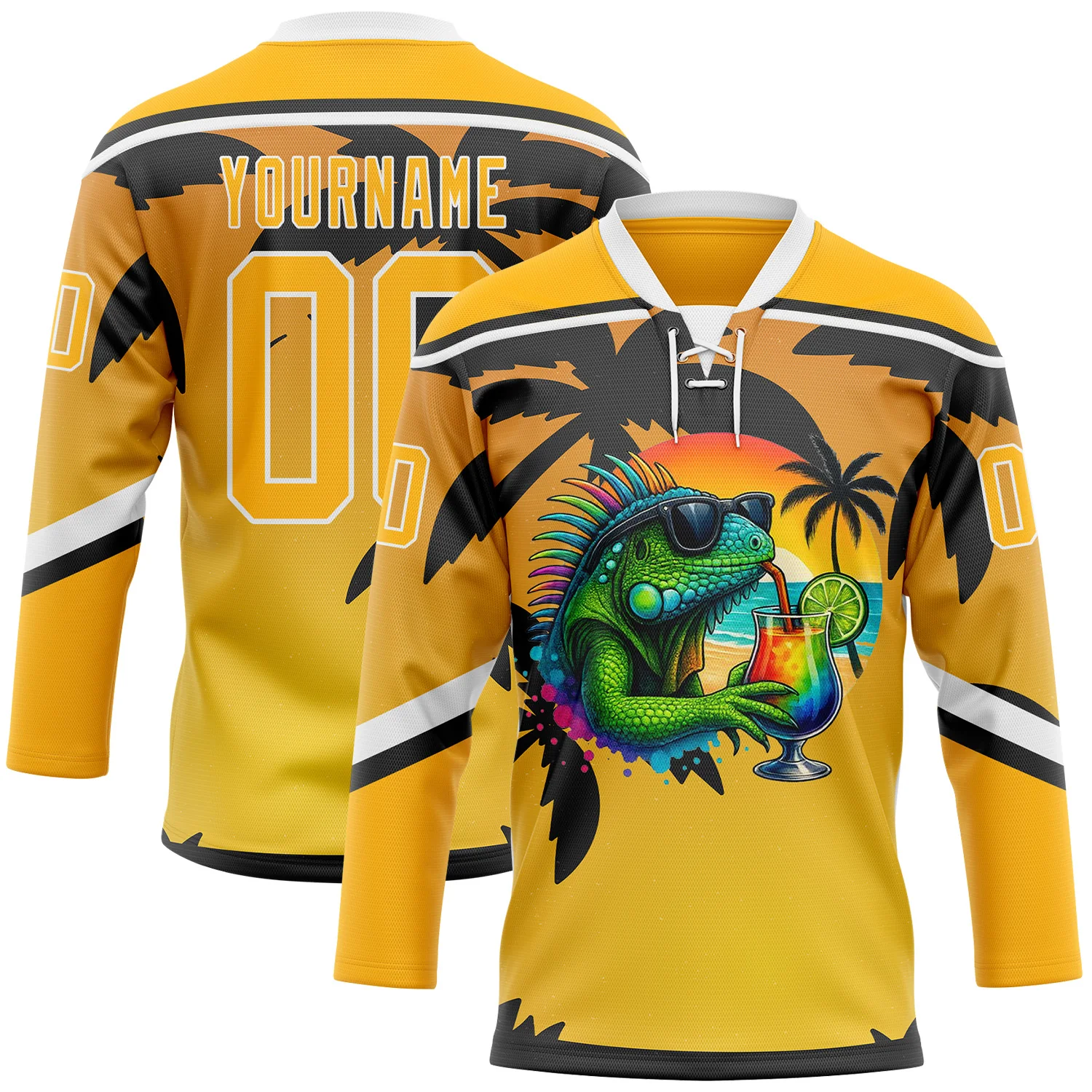 Custom Gold Black-White 3D Pattern Gradient Hawaii Tropical Palm Trees Hockey Lace Neck Jersey