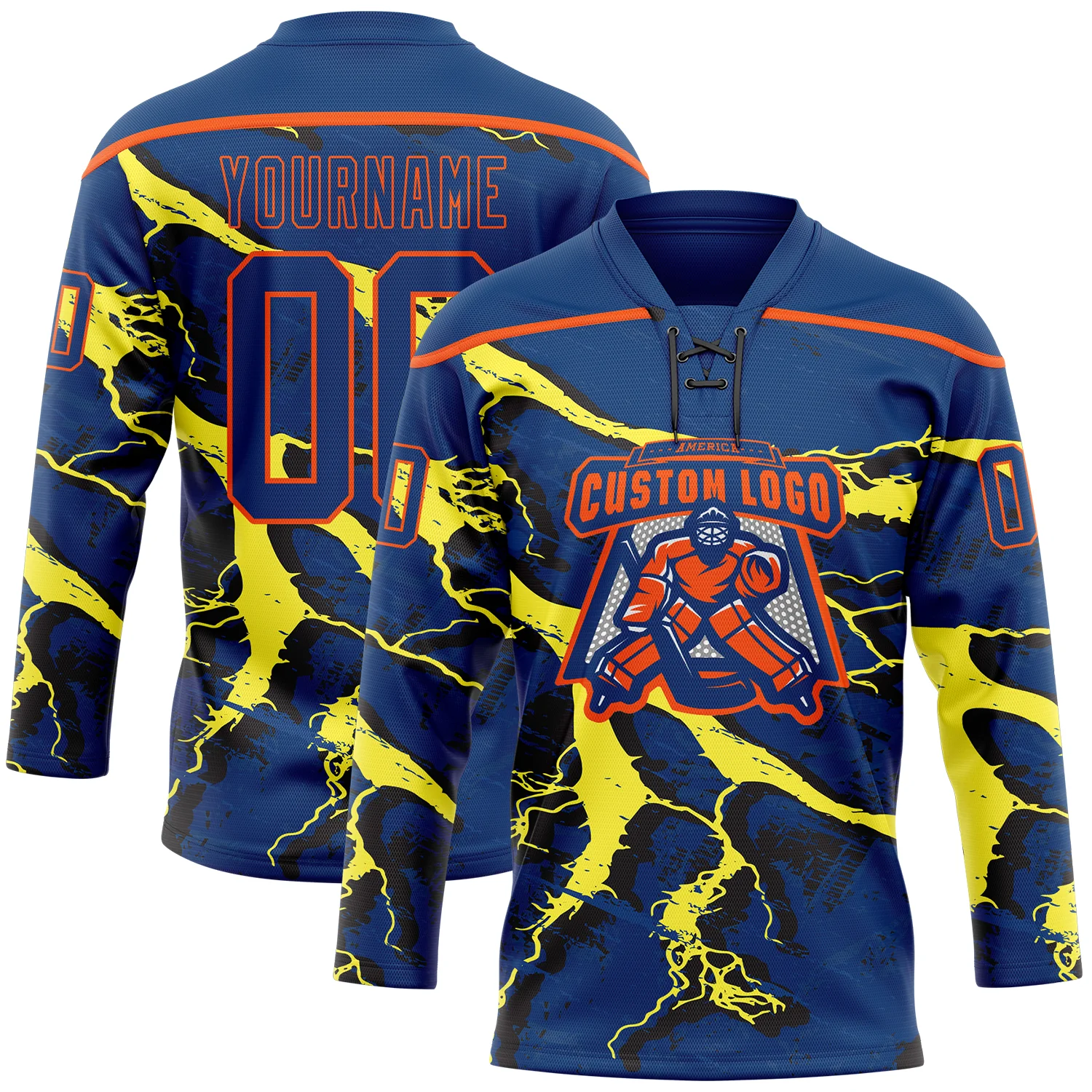 Custom US Navy Blue Yellow Black-Orange 3D Pattern Lightning Hockey Lace Neck Jersey