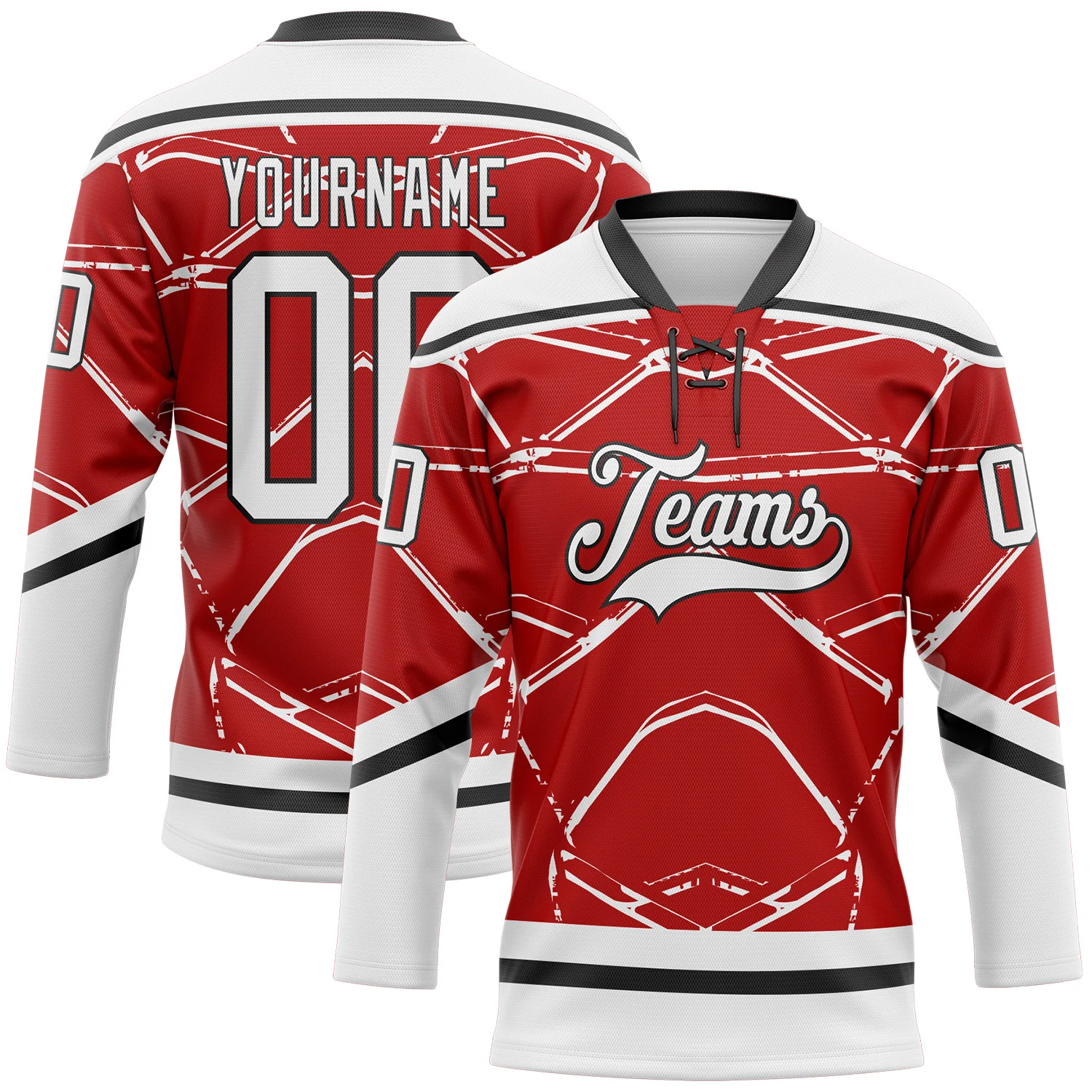 Custom Red White-Black 3D Pattern Abstract Detroit Inspired Line Hockey Lace Neck Jersey