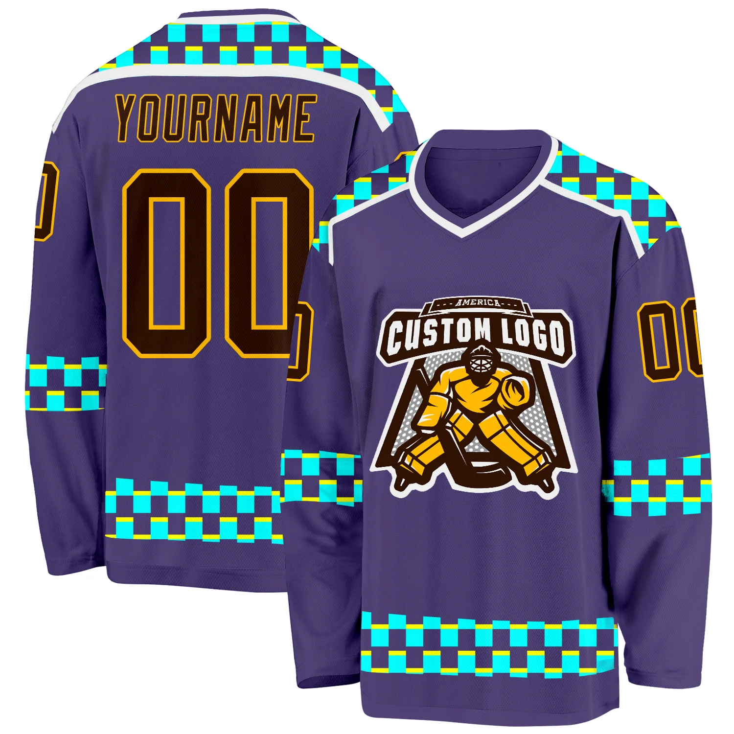 Custom Purple Brown Gold Blue Light Yellow-White 3D Pattern Plaid Hockey Jersey