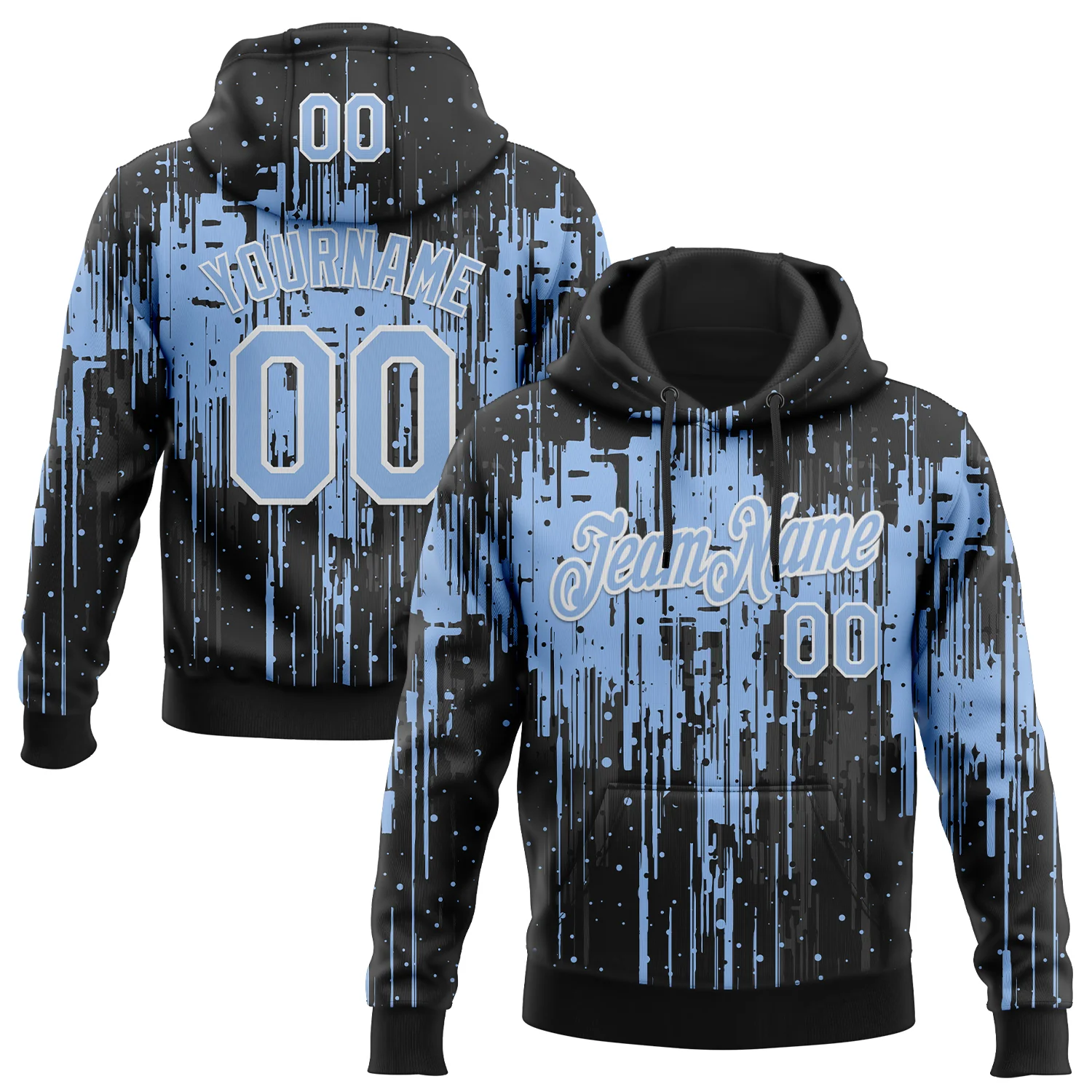 Custom Stitched Black Light Blue-White 3D Pattern Design Dripping Splatter Sports Pullover Sweatshirt Hoodie