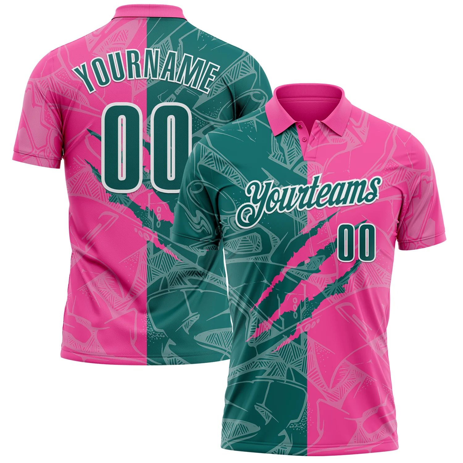 Custom Graffiti Pattern Teal Pink-White 3D Scratch Performance Polo Shirt