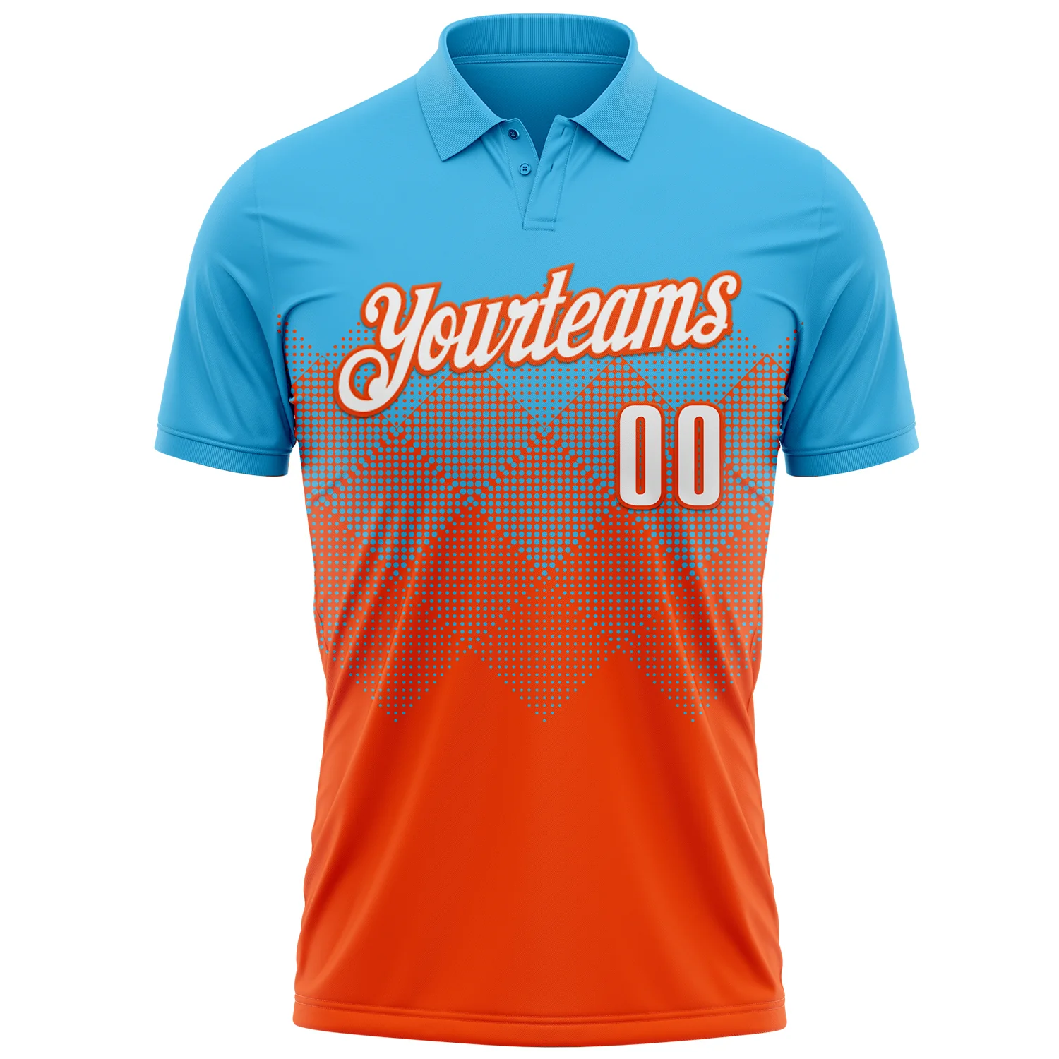 Custom Sky Blue White-Orange 3D Gradient Square Shape Performance Polo Shirt