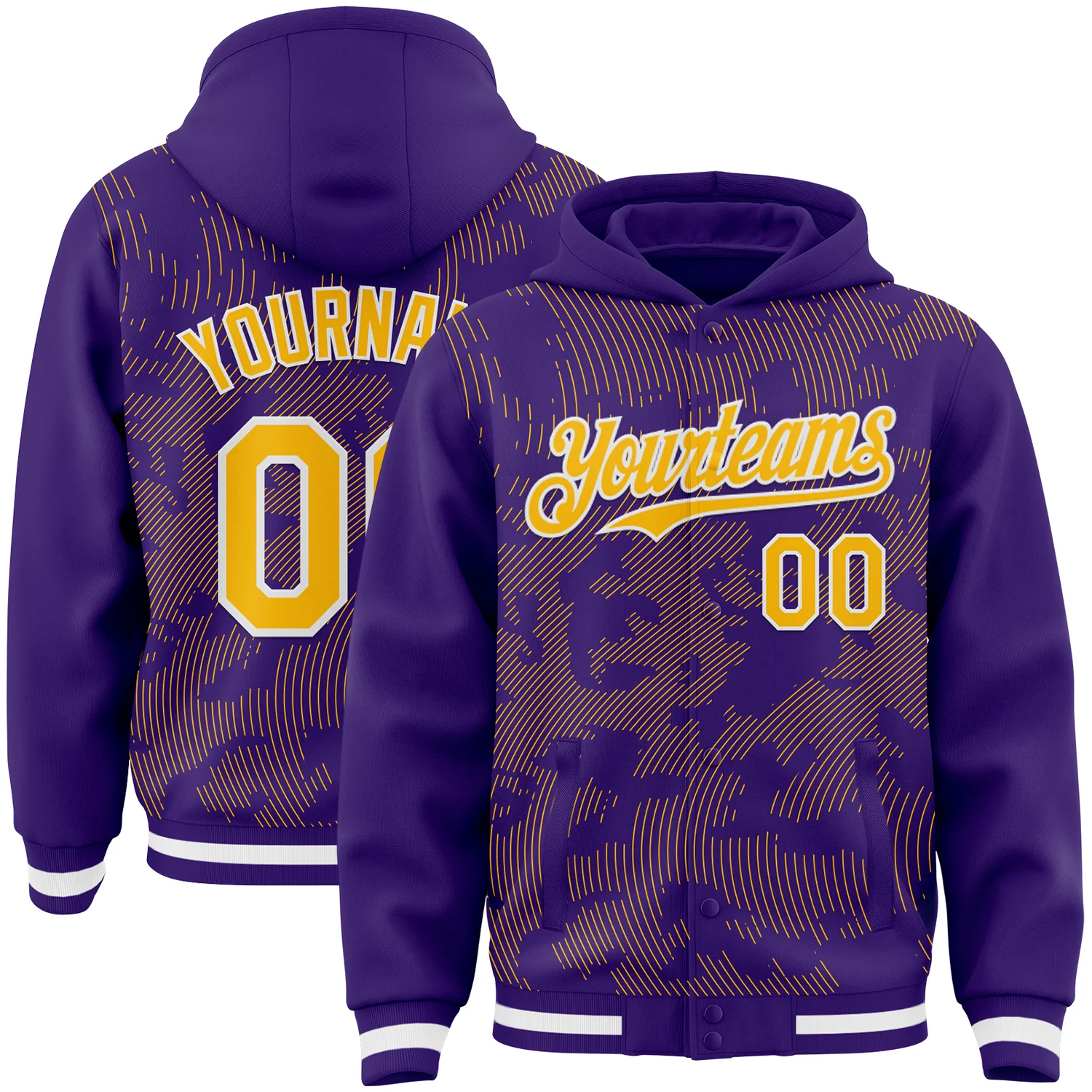 Custom Purple Gold-White Curve Lines 3D Pattern Design Bomber Full-Snap Varsity Letterman Hoodie Jacket