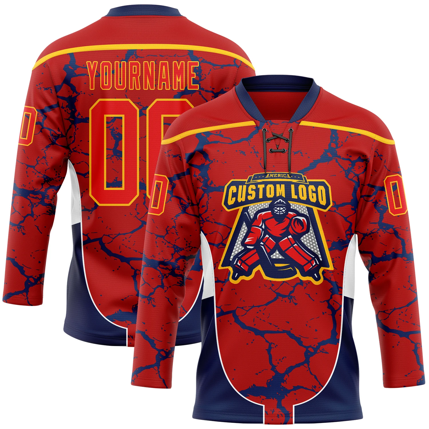 Custom Red Fire Red Gold Navy-White 3D Abstract Pattern Graphic Cyber Mecha E-sport Hockey Lace Neck Jersey