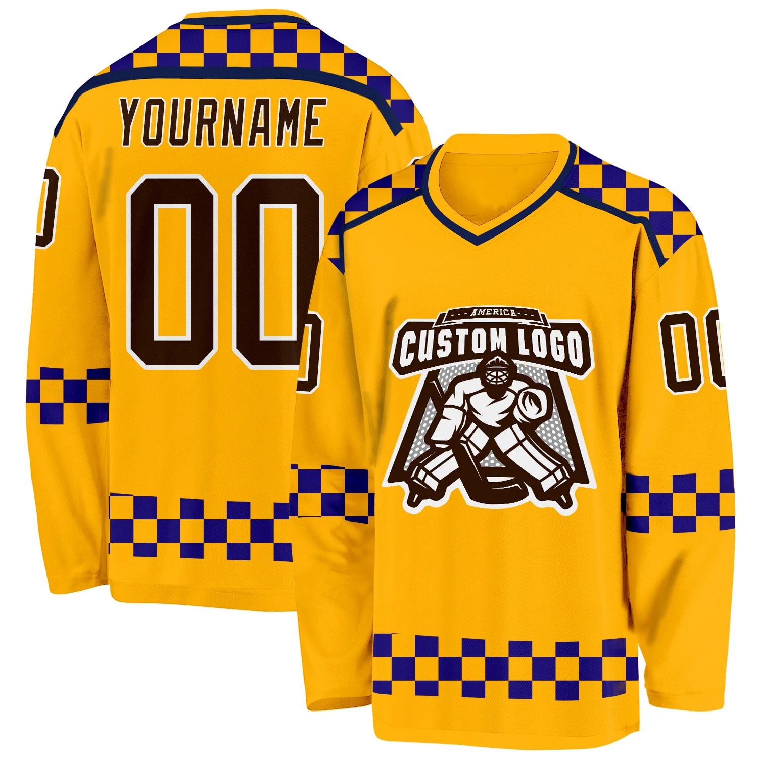 Custom Gold Brown Purple Navy-White 3D Pattern Plaid Hockey Jersey