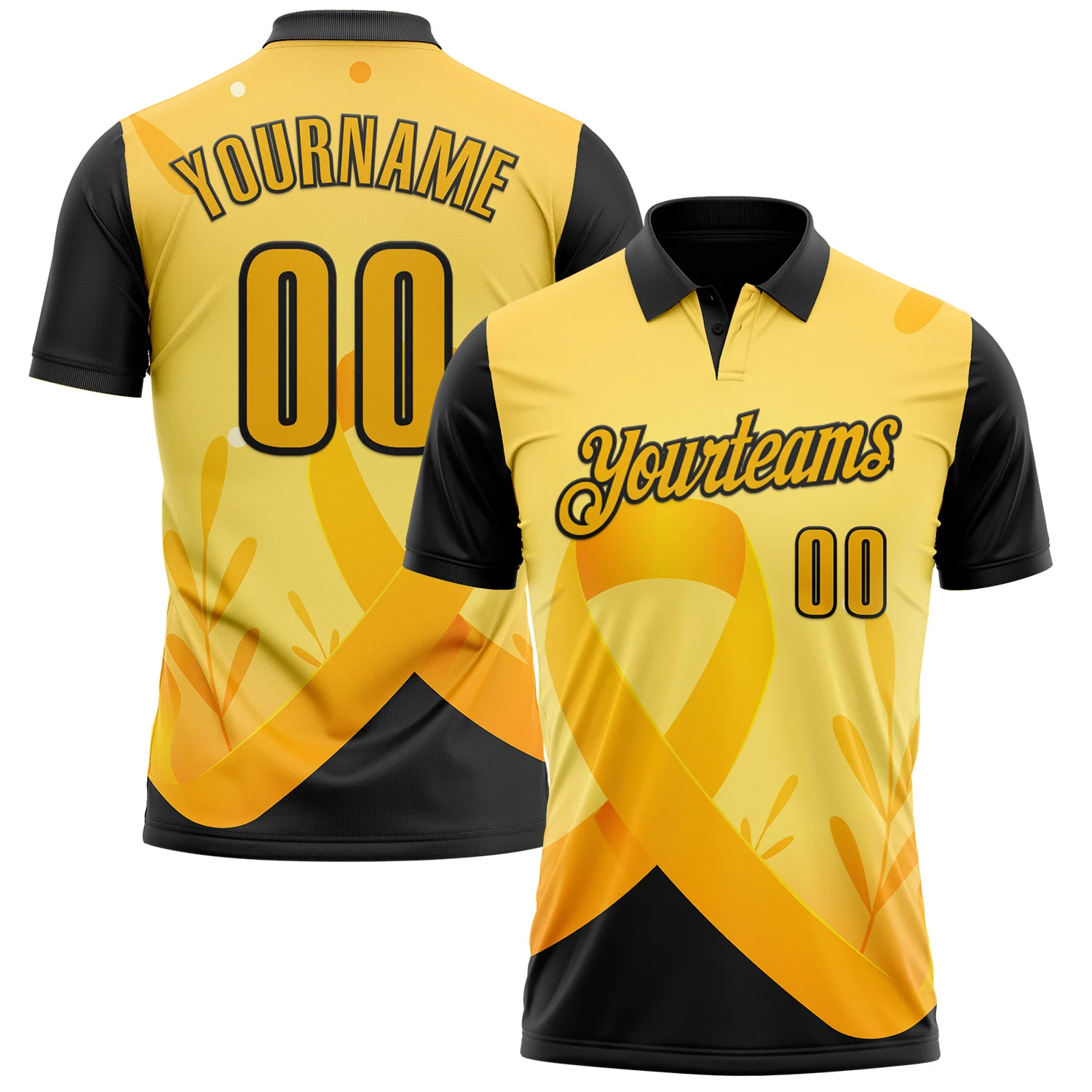 Custom Gold Black 3D Pattern Design Yellow Ribbon Bone Cancer Awareness Performance Polo Shirt