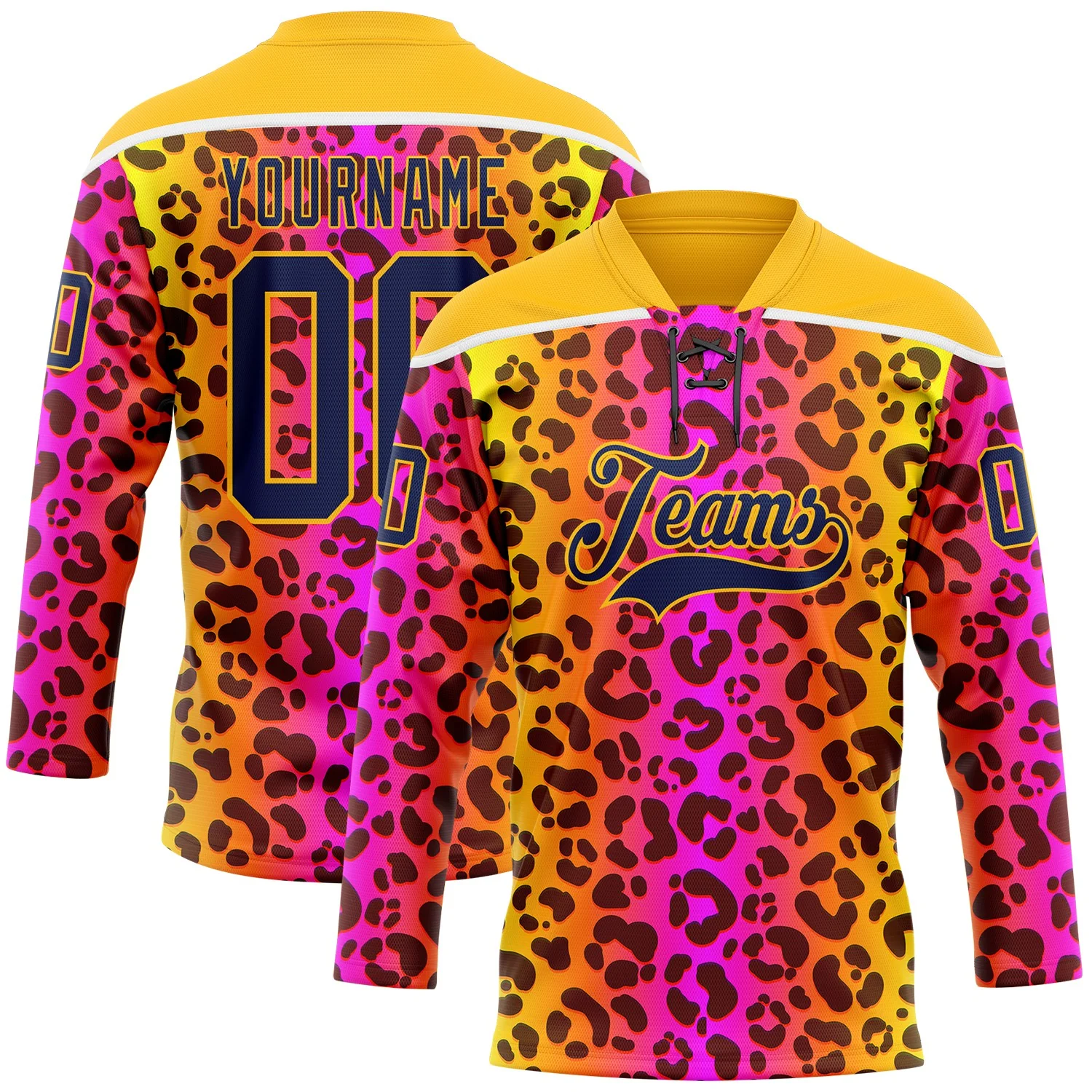 Custom Gold Navy-Pink 3D Pattern Leopard Print Neon Hockey Lace Neck Jersey