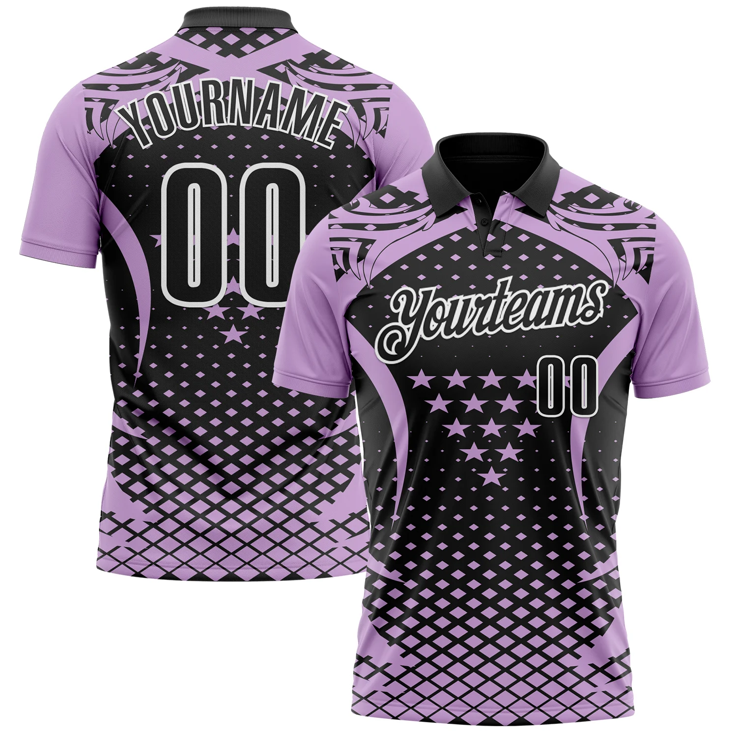 Custom Light Purple Black-White 3D Pattern Design Star And Geometric Shapes Performance Polo Shirt