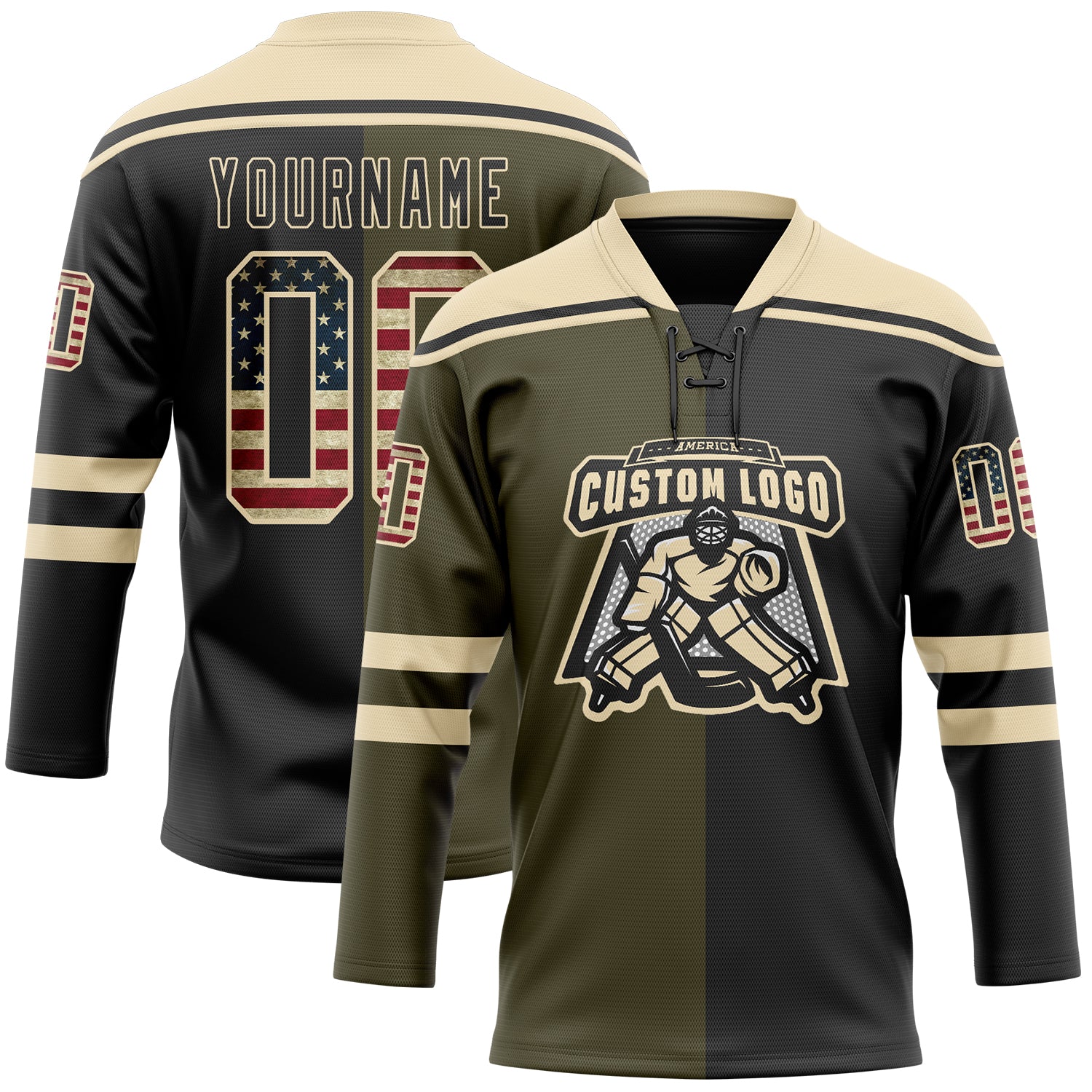 Custom Black Vintage USA Flag Olive-Cream Split Fashion Hockey Lace Neck Jersey