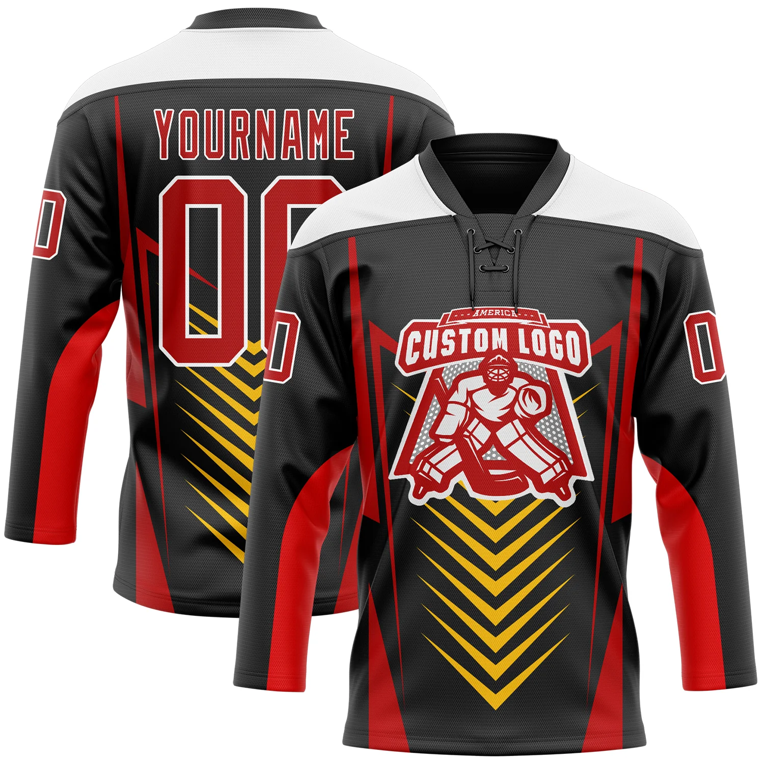 Custom Black Red Yellow-White 3D Abstract Pattern Graphic Cyber Mecha E-sport Hockey Lace Neck Jersey