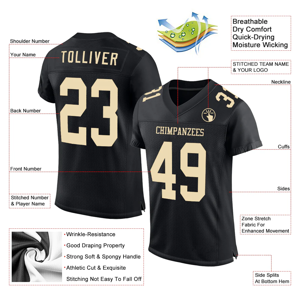 Custom Black Cream Mesh Authentic Football Jersey