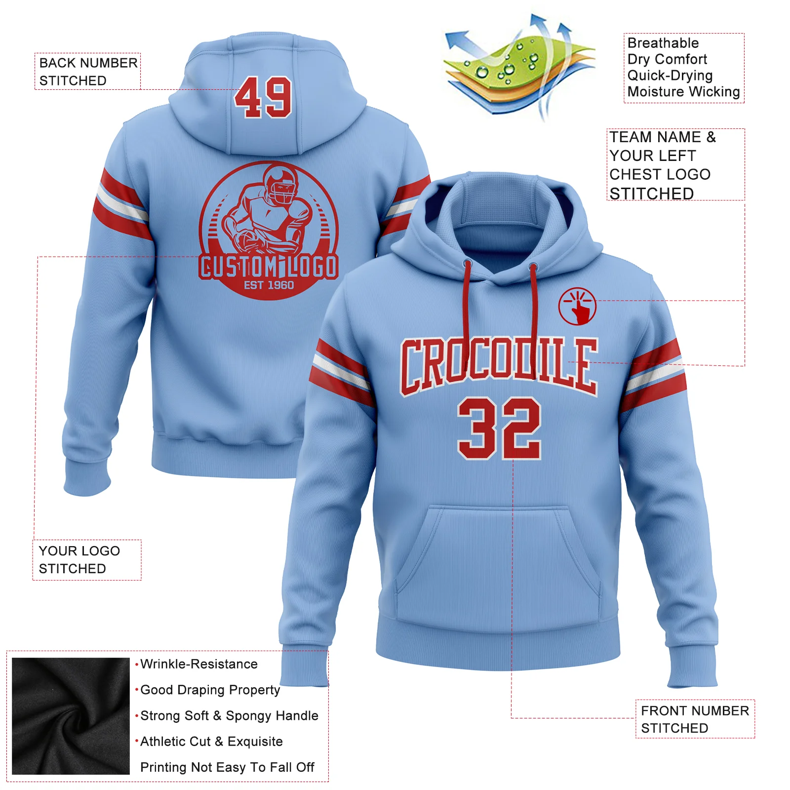 Custom Stitched Light Blue Red-White Football Pullover Sweatshirt Hoodie