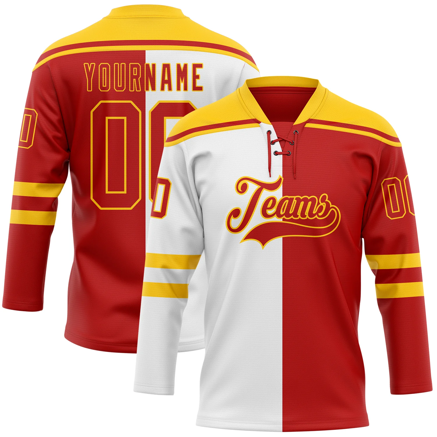 Custom Red Gold-White Split Fashion Hockey Lace Neck Jersey