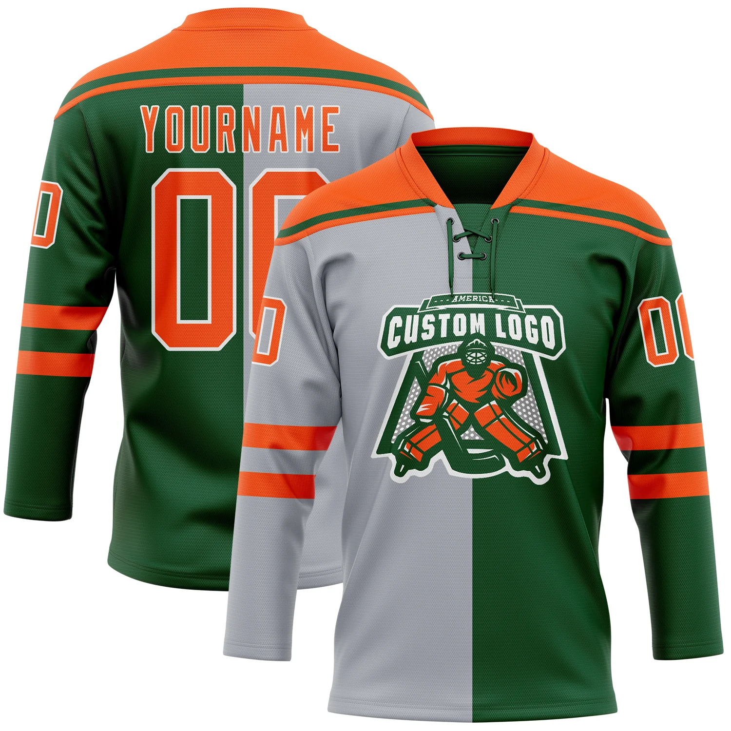 Custom Green Orange Gray-White Split Fashion Hockey Lace Neck Jersey