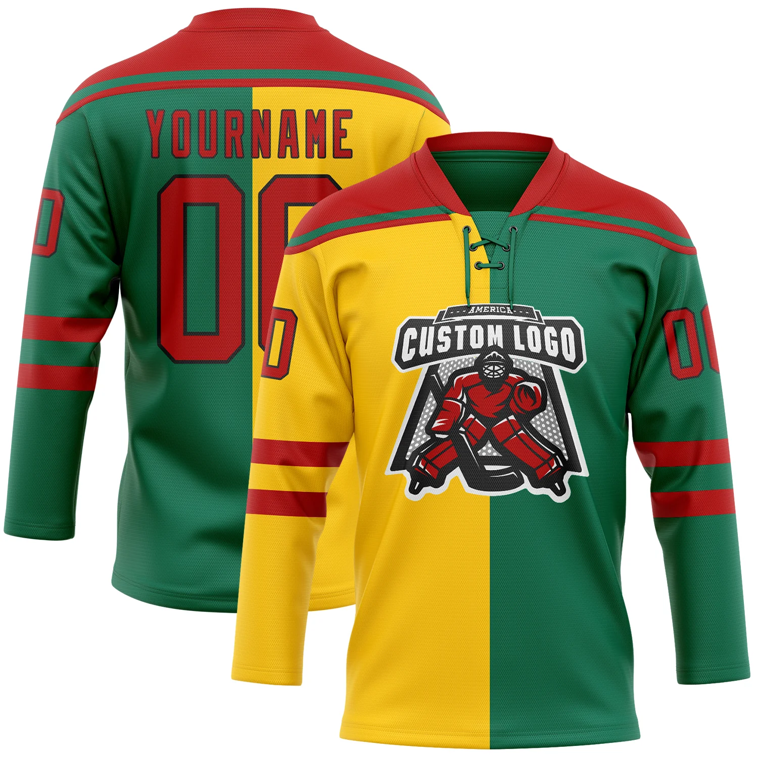 Custom Kelly Green Red Yellow-Black Split Fashion Hockey Lace Neck Jersey