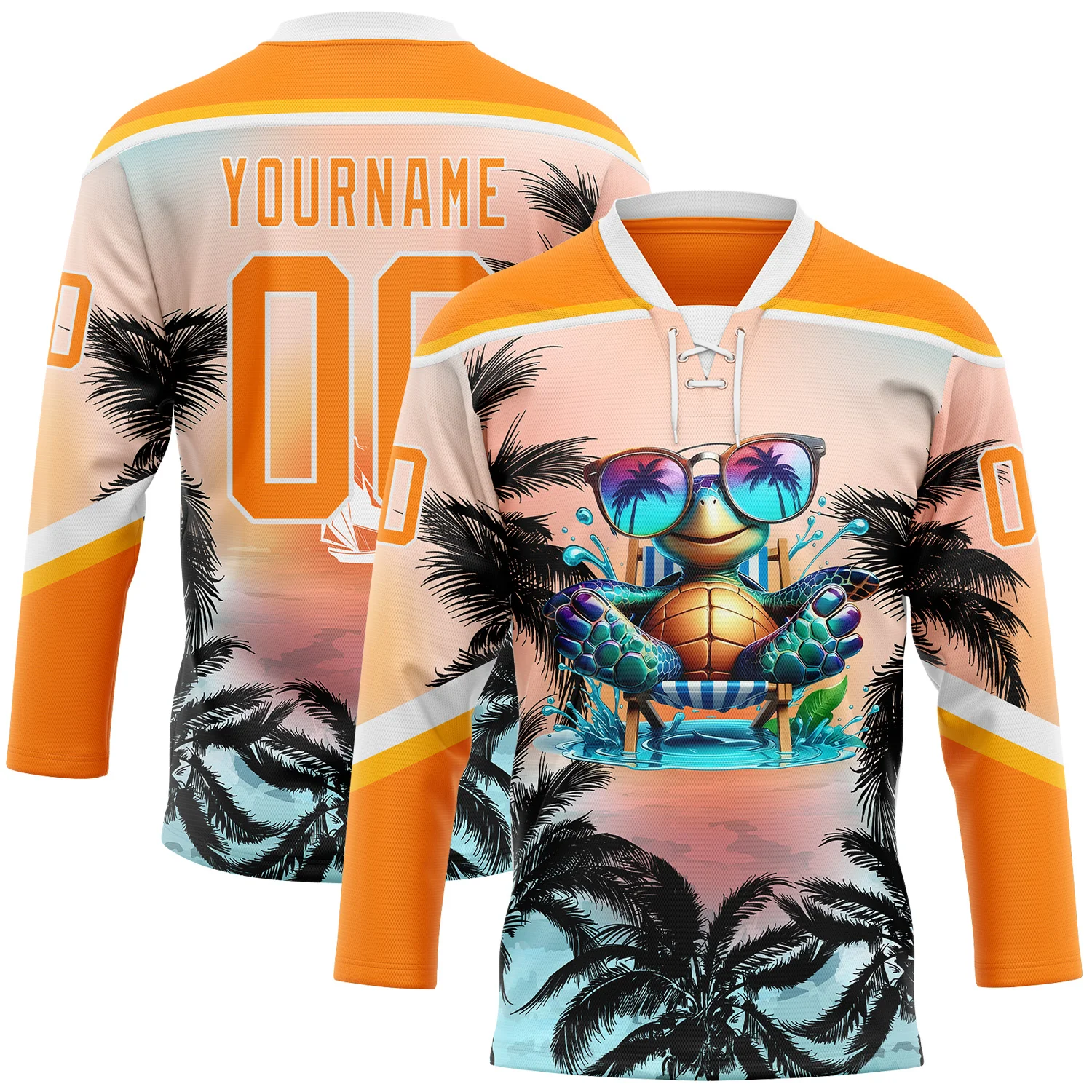 Custom Bay Orange Blue Gold-White 3D Pattern Gradient Hawaii Tropical Palm Trees Hockey Lace Neck Jersey