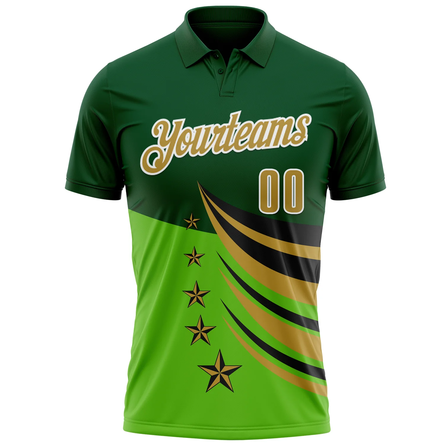 Custom Green Old Gold Black-White 3D Pattern Design Star Performance Polo Shirt