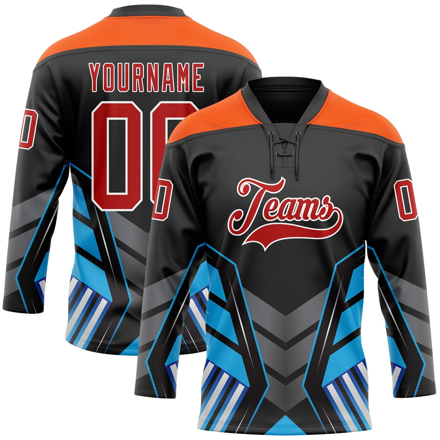 Custom Black Red Blue Gray Orange-White 3D Abstract Pattern Graphic Cyber Mecha E-sport Hockey Lace Neck Jersey