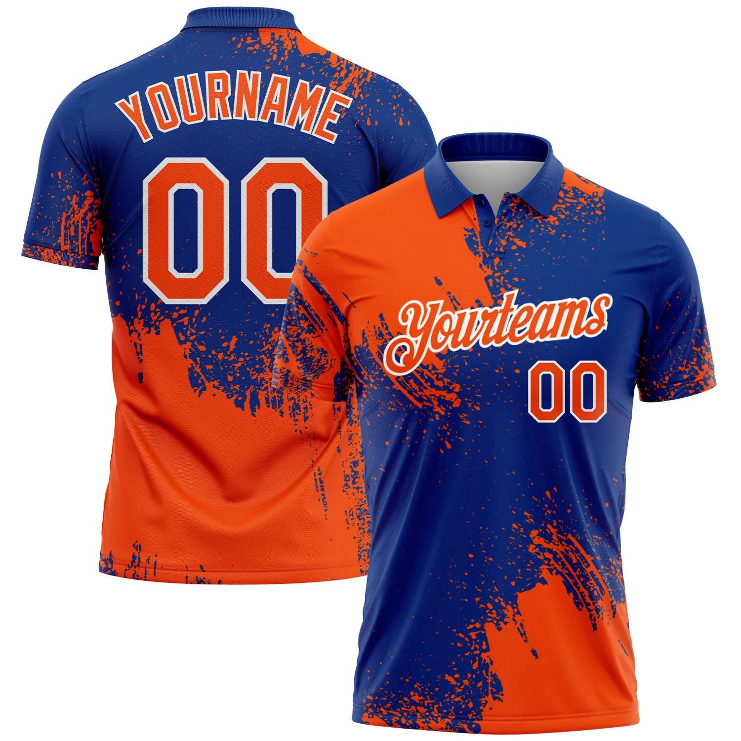 Custom Orange Royal-White 3D Pattern Design Abstract Brush Stroke Performance Polo Shirt