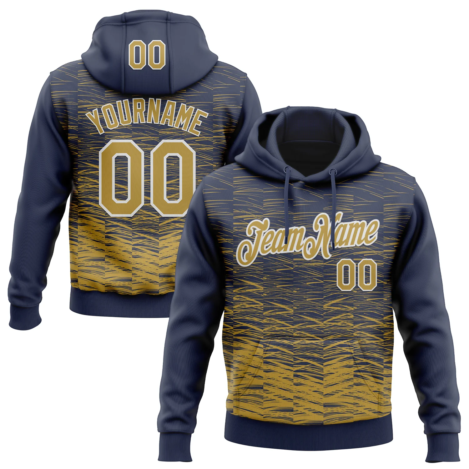 Custom Stitched Navy Old Gold-White 3D Pattern Design Line Sports Pullover Sweatshirt Hoodie