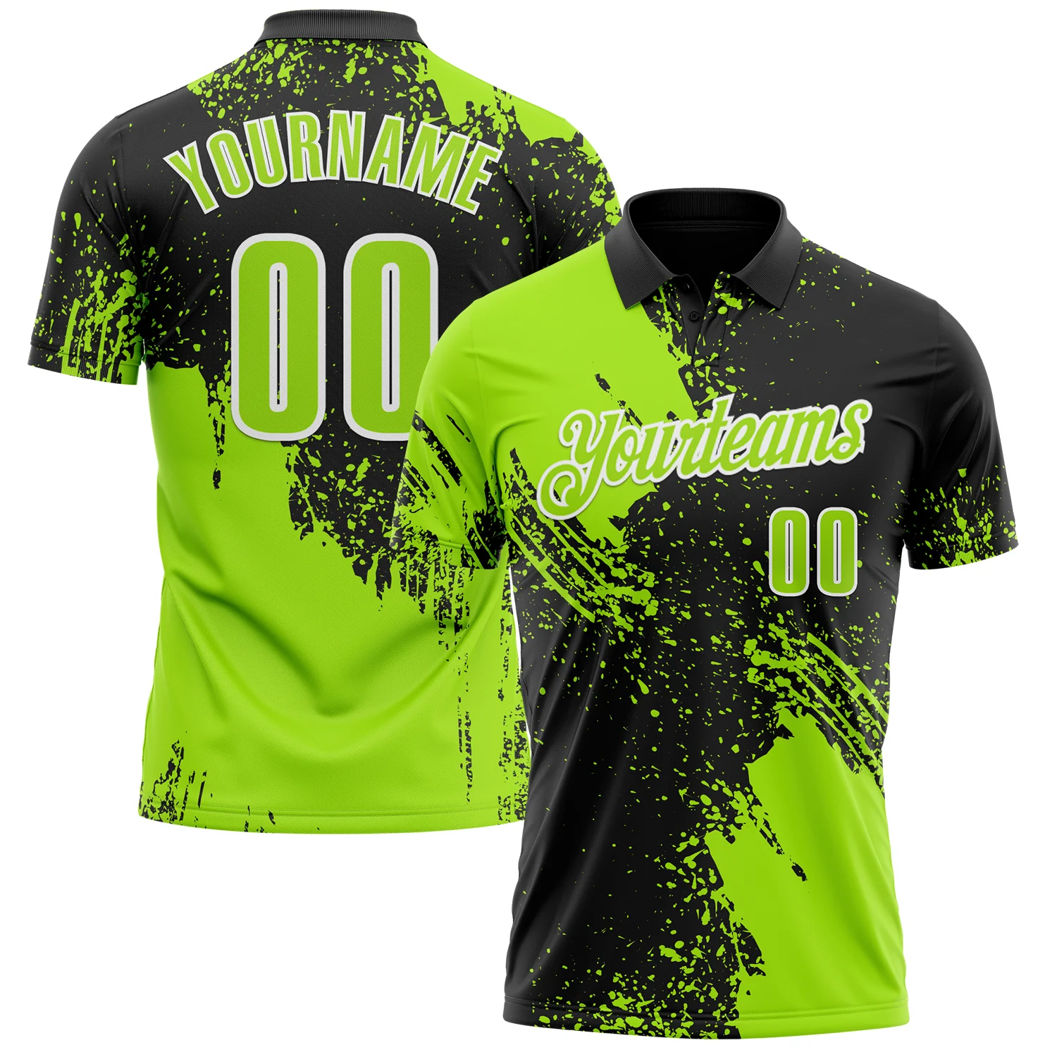 Custom Neon Green Black-White 3D Pattern Design Abstract Brush Stroke Performance Polo Shirt