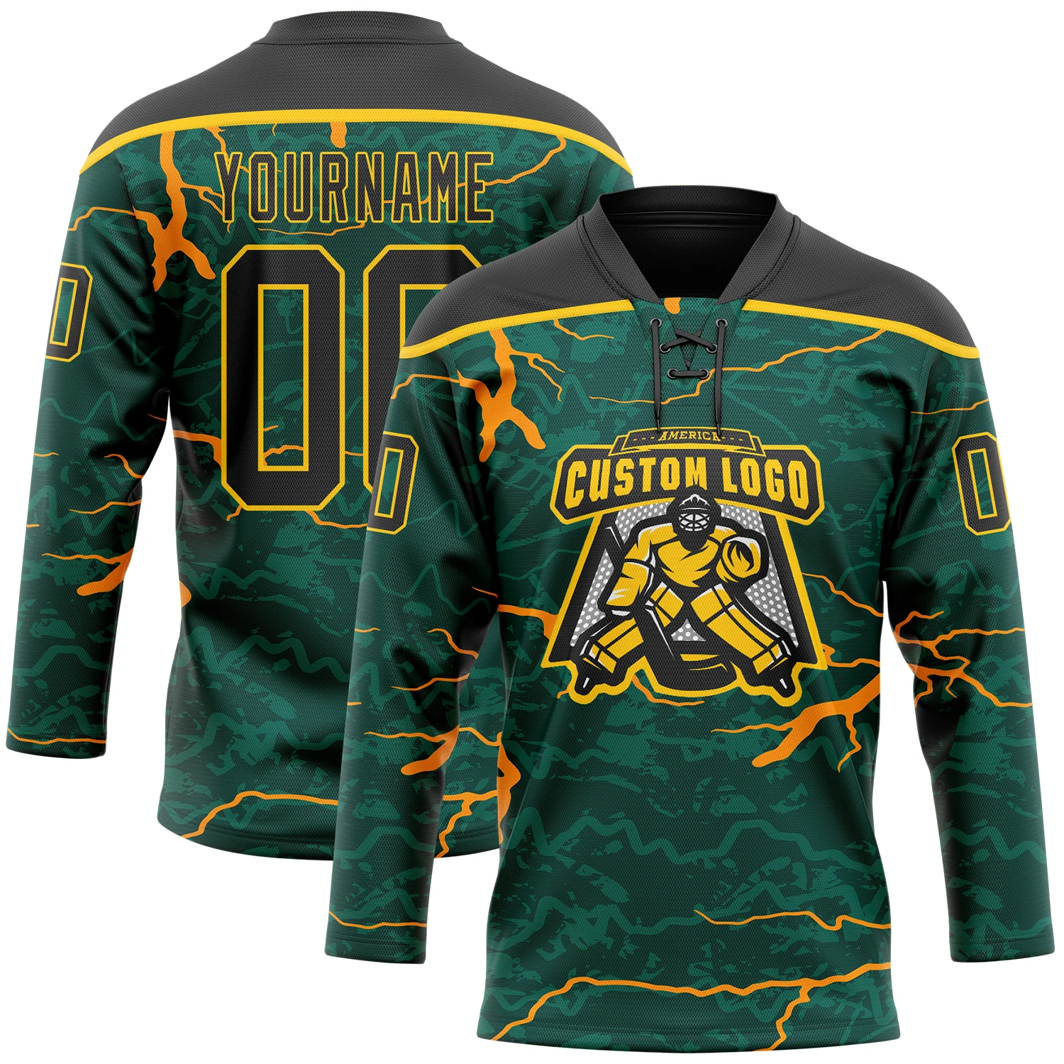 Custom Green Black Orange-Yellow 3D Pattern Lightning Hockey Lace Neck Jersey