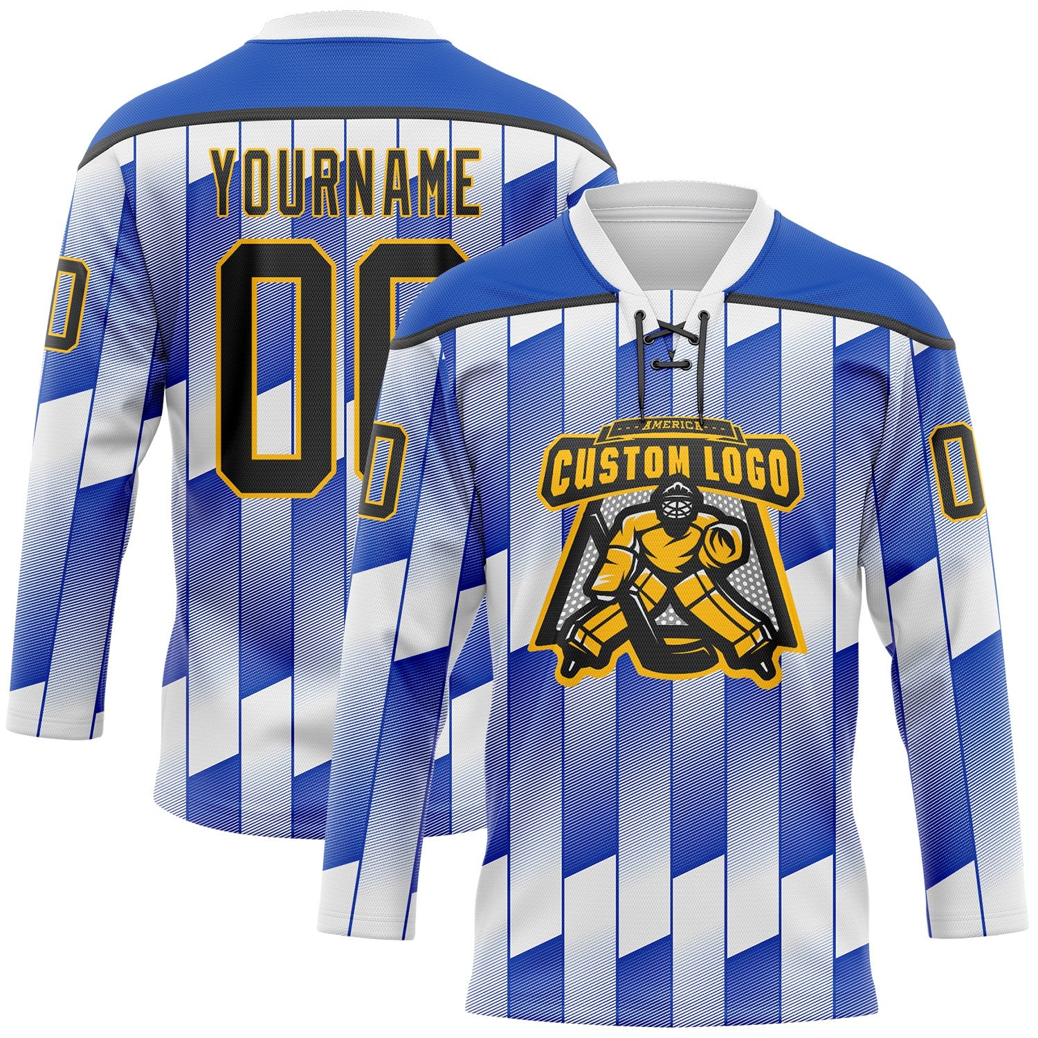 Custom White Black Thunder Blue-Gold 3D Pattern Design Stripe Gradient Hockey Lace Neck Jersey
