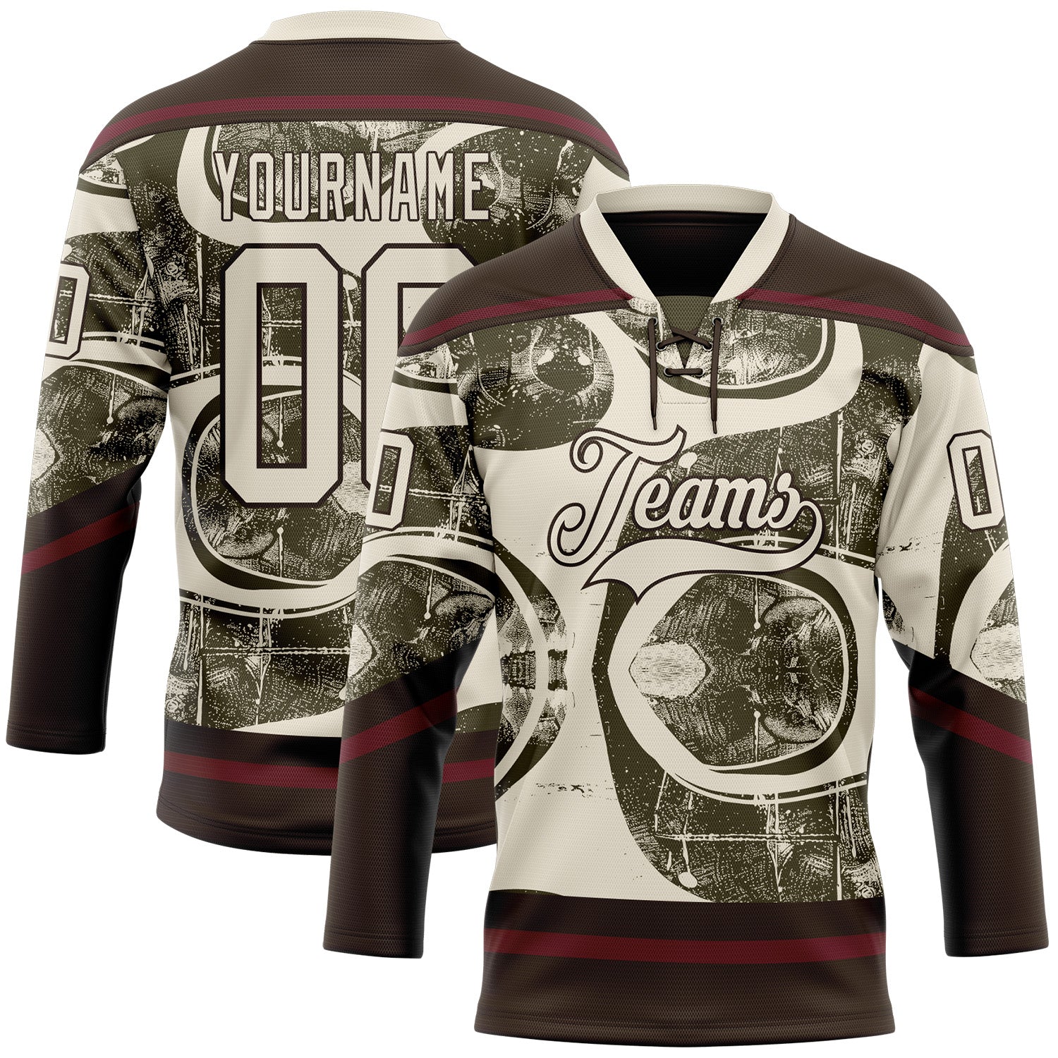 Custom Cream Olive Brown-Burgundy 3D Pattern Tribal Indigenous Grunge Splash Hockey Lace Neck Jersey