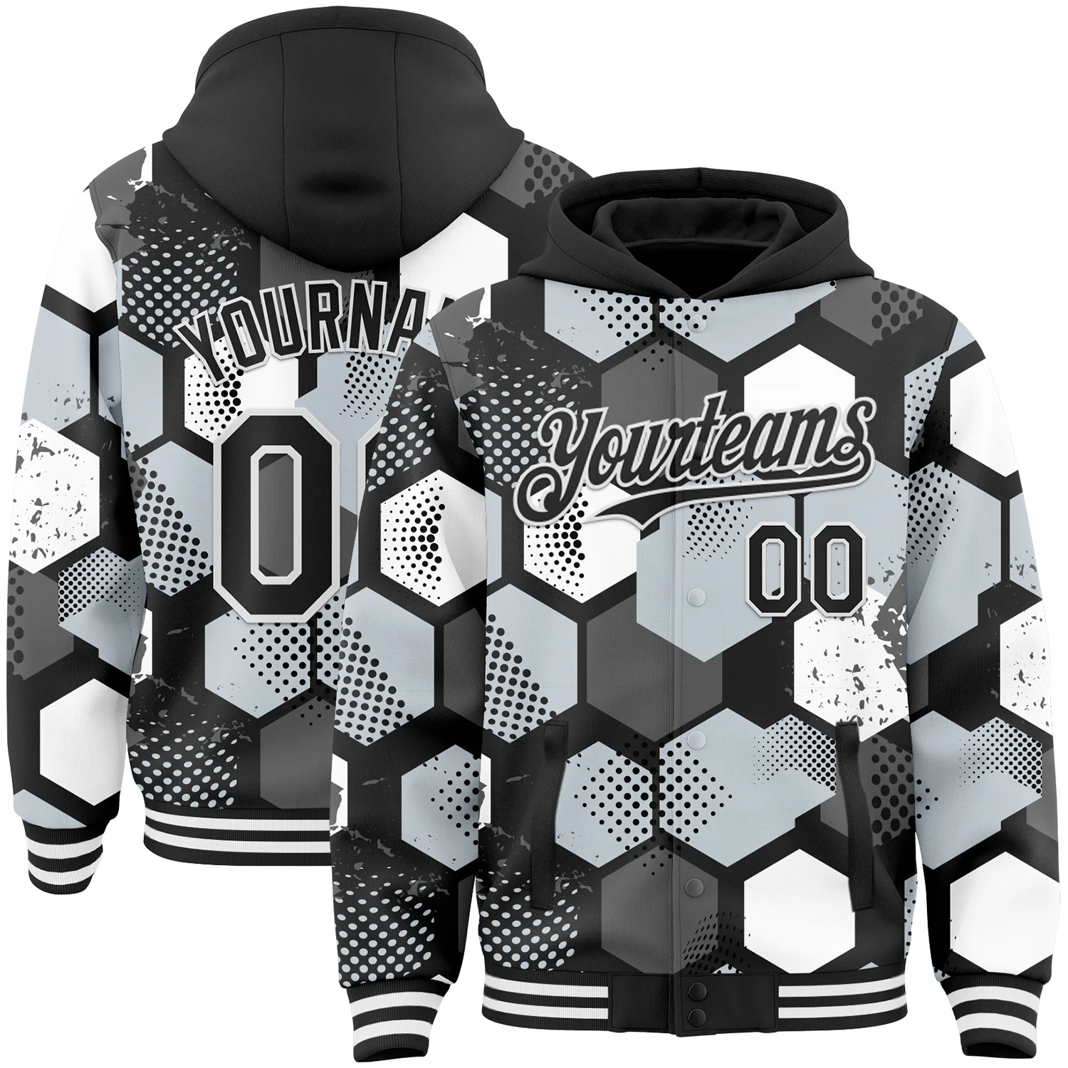 Custom Black Silver-White Geometric Shape 3D Pattern Design Bomber Full-Snap Varsity Letterman Hoodie Jacket