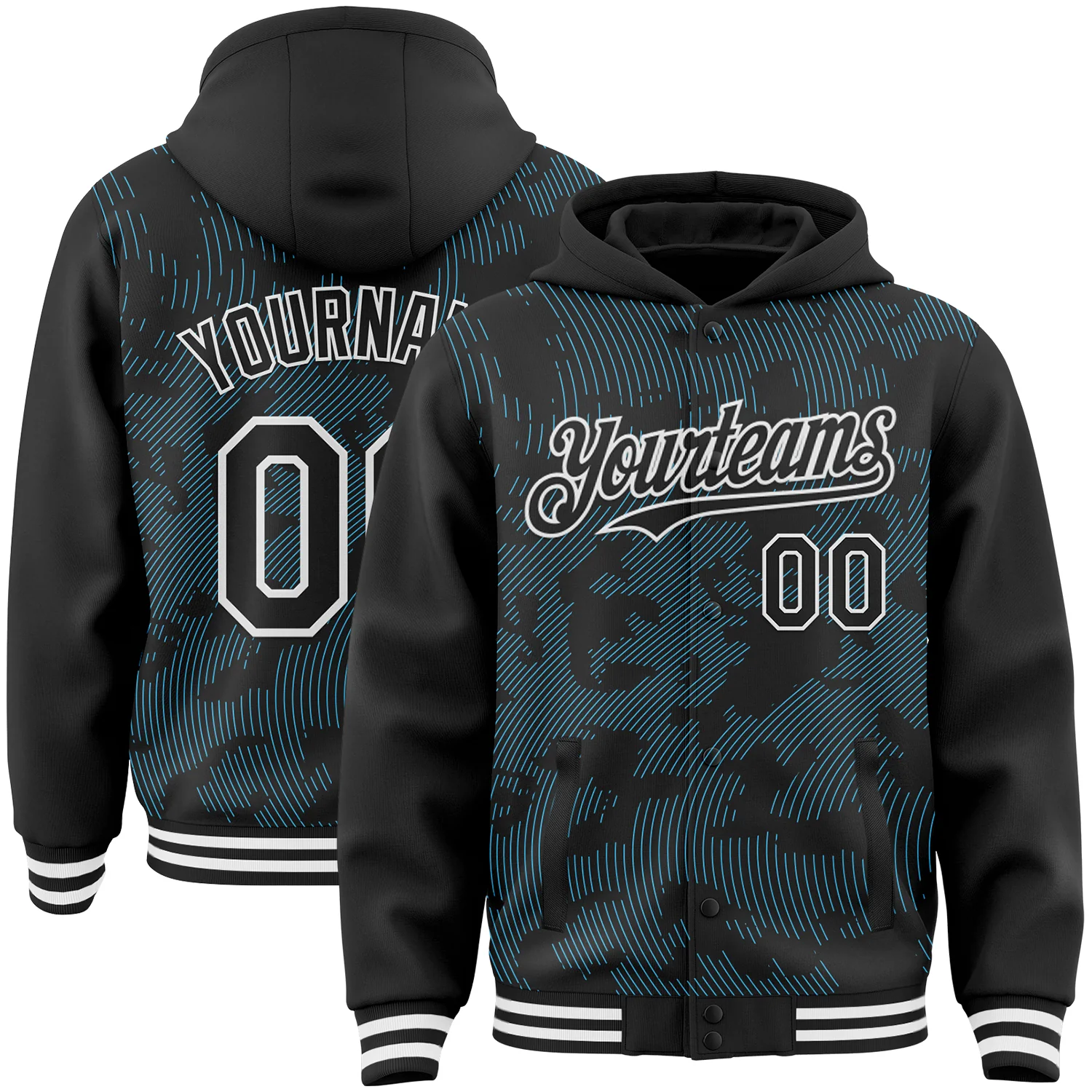 Custom Black Sky Blue-White Curve Lines 3D Pattern Design Bomber Full-Snap Varsity Letterman Hoodie Jacket