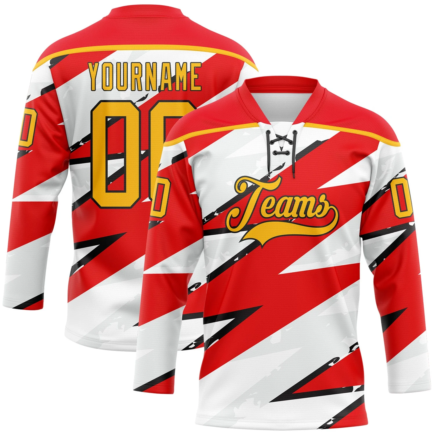 Custom Fire Red Gold Black-White 3D Pattern Lightning Hockey Lace Neck Jersey