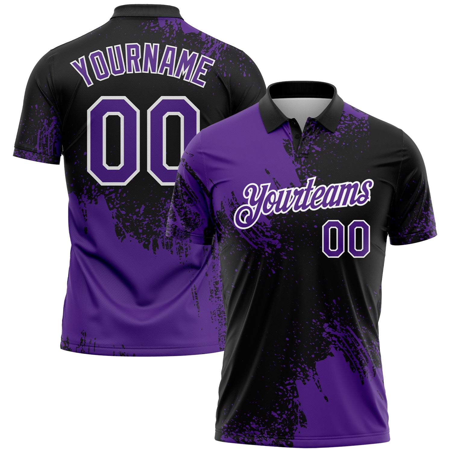 Custom Purple Black-White 3D Pattern Design Abstract Brush Stroke Performance Polo Shirt