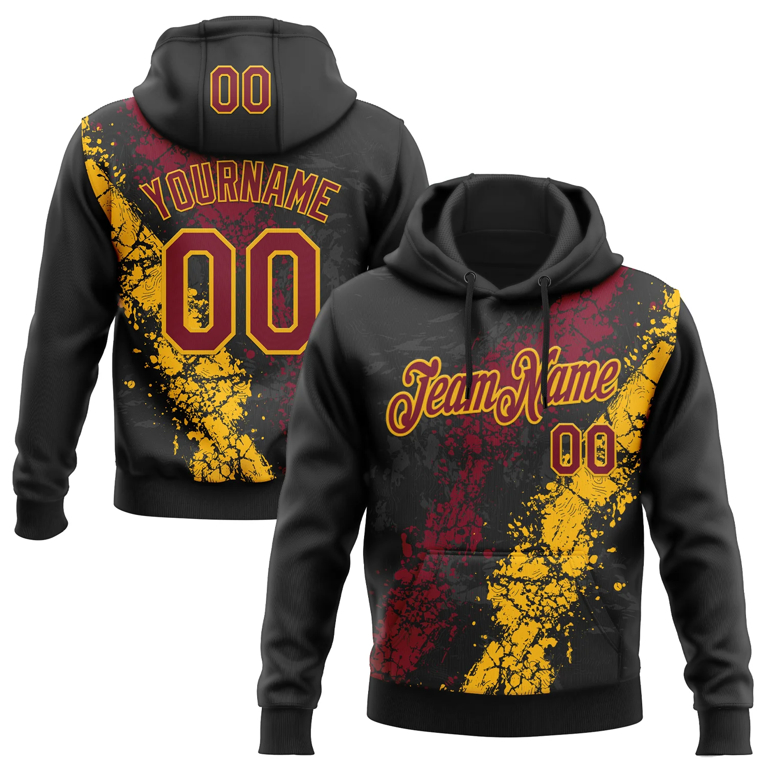 Custom Stitched Black Crimson-Gold 3D Pattern Design Splash Sports Pullover Sweatshirt Hoodie