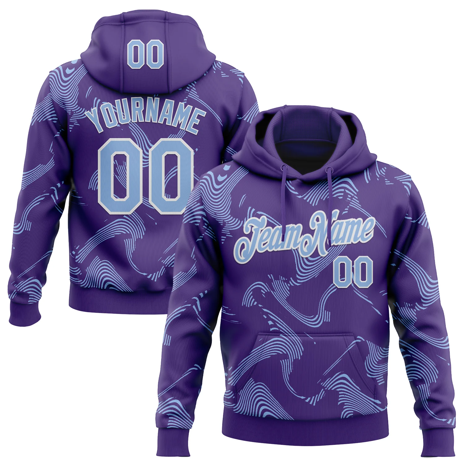Custom Stitched Purple Light Blue-White 3D Pattern Design Curve Lines Sports Pullover Sweatshirt Hoodie