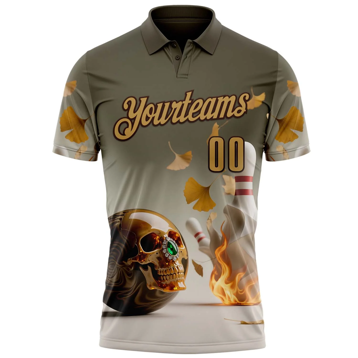 Custom Gray Old Gold-Brown 3D Flame Gem Skull Bowling Performance Polo Shirt