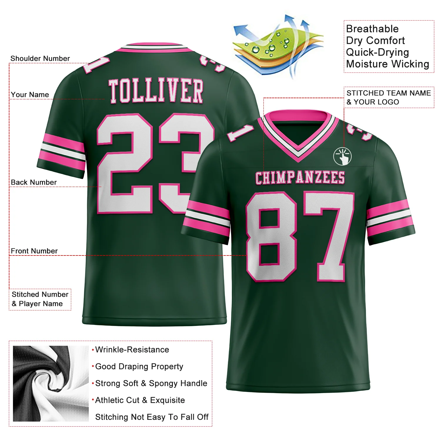 Custom Green White-Pink Authentic Football Jersey