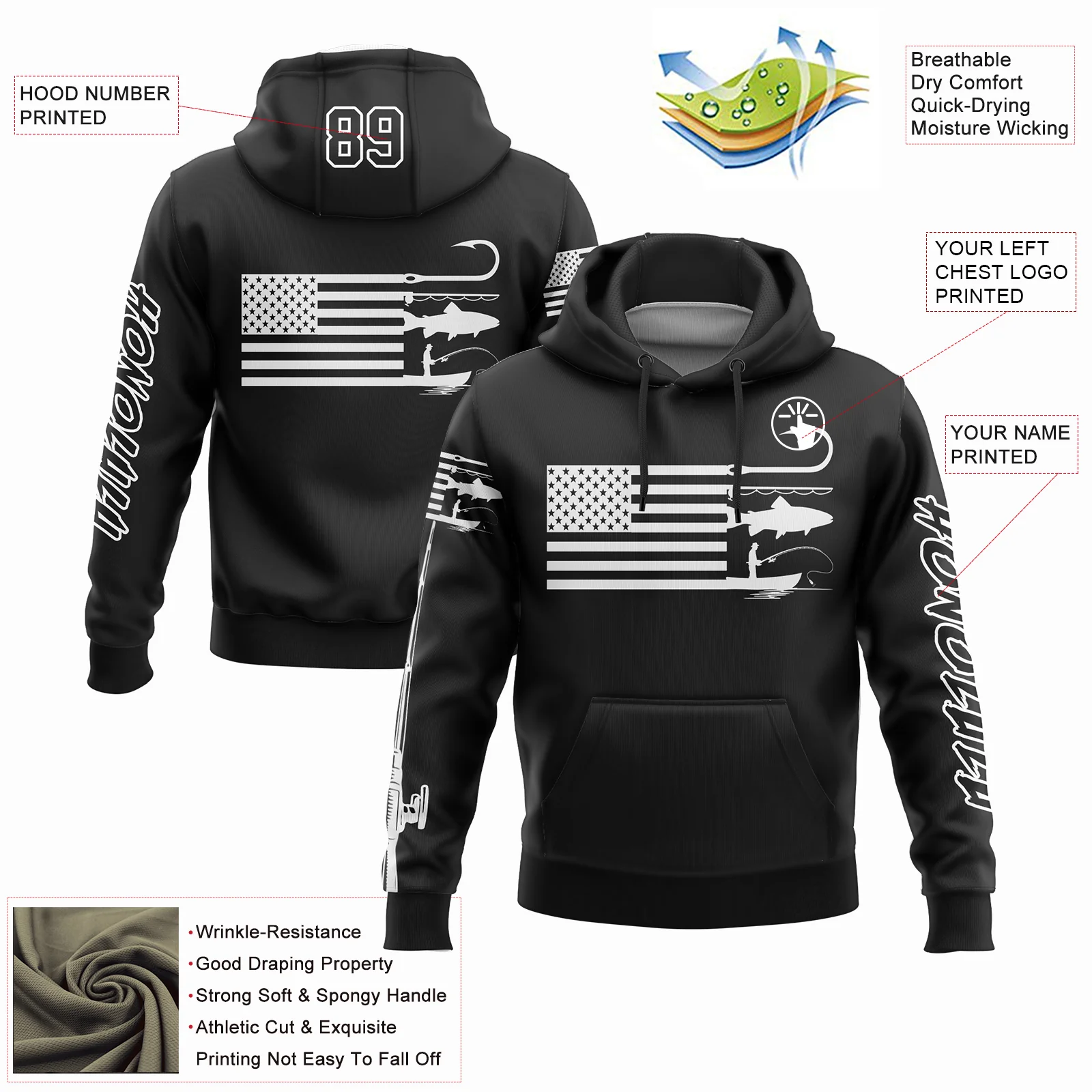Custom Black White 3D American Flag And Fish Hook Fishing Sports Pullover Sweatshirt Hoodie
