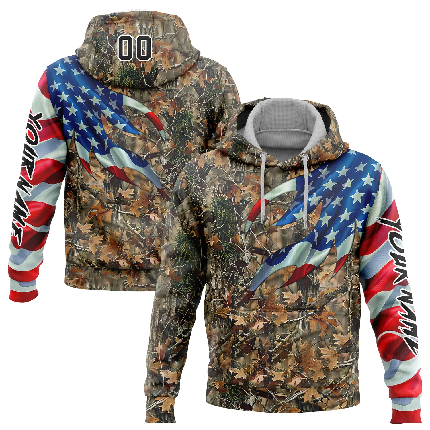 Custom Camo Black-White 3D American Flag Hunting Sports Pullover Sweatshirt Hoodie