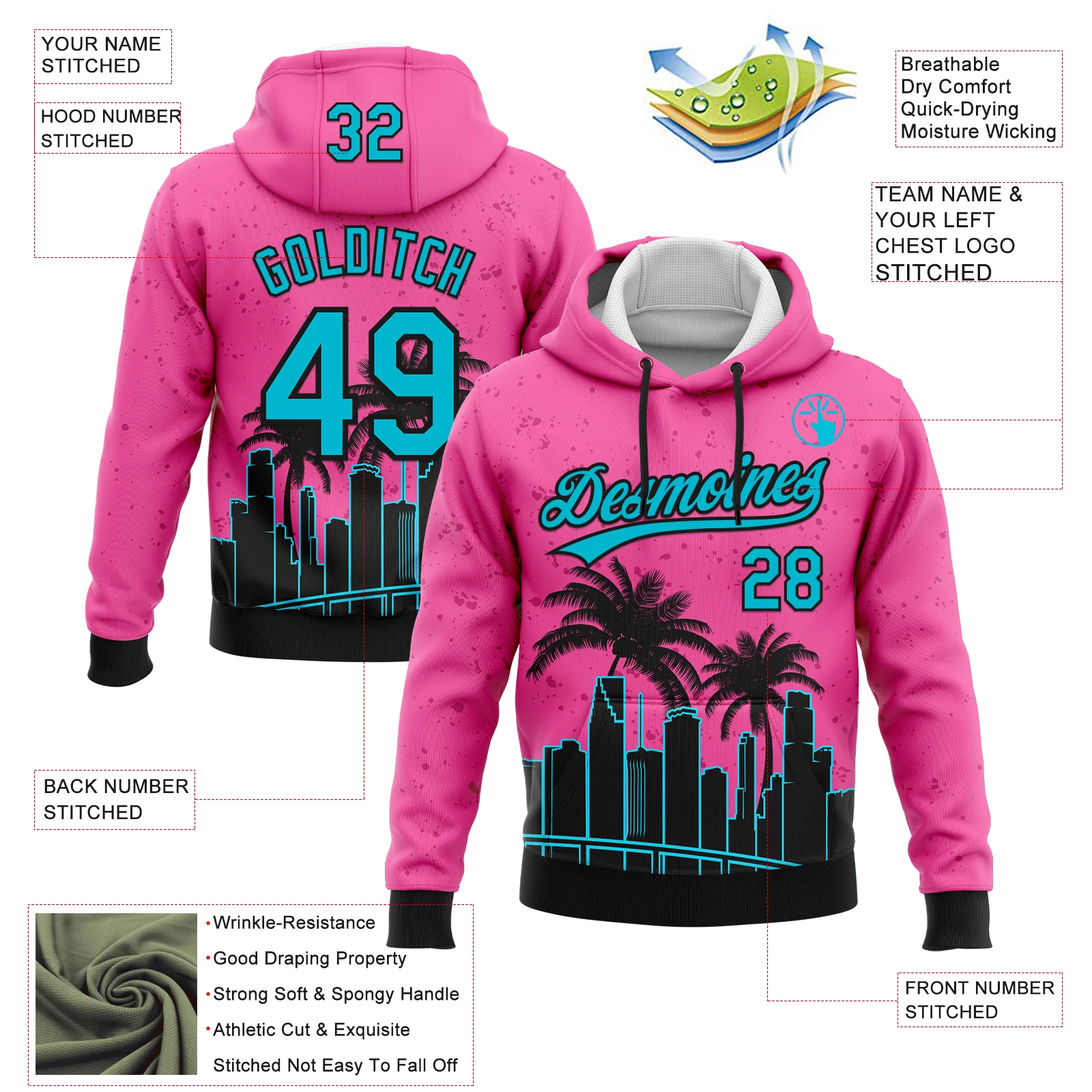 Custom Stitched Pink Sky Blue-Black 3D Miami Palm Trees City Edition Sports Pullover Sweatshirt Hoodie