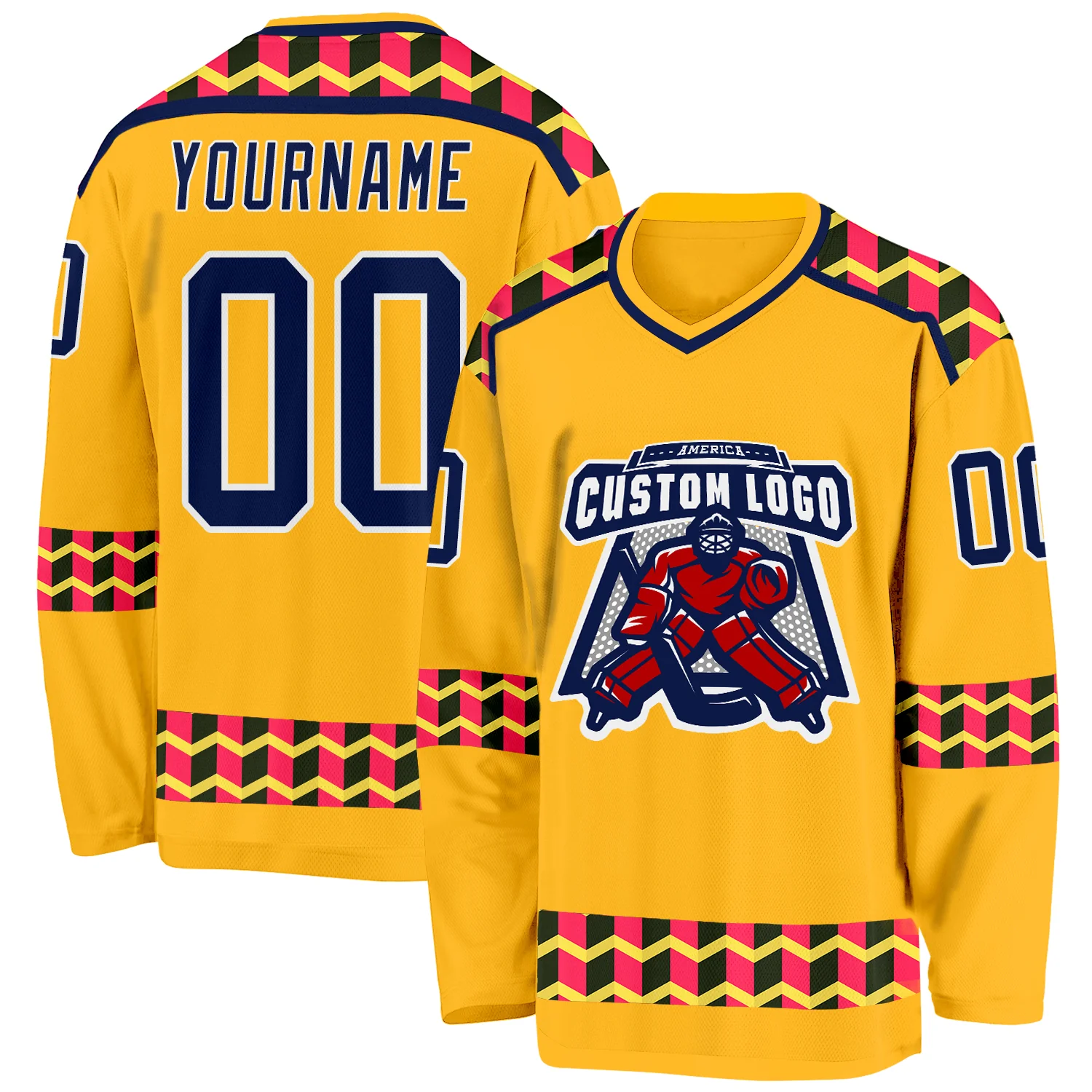 Custom Gold Navy Pink Black-White 3D Pattern Plaid Hockey Jersey