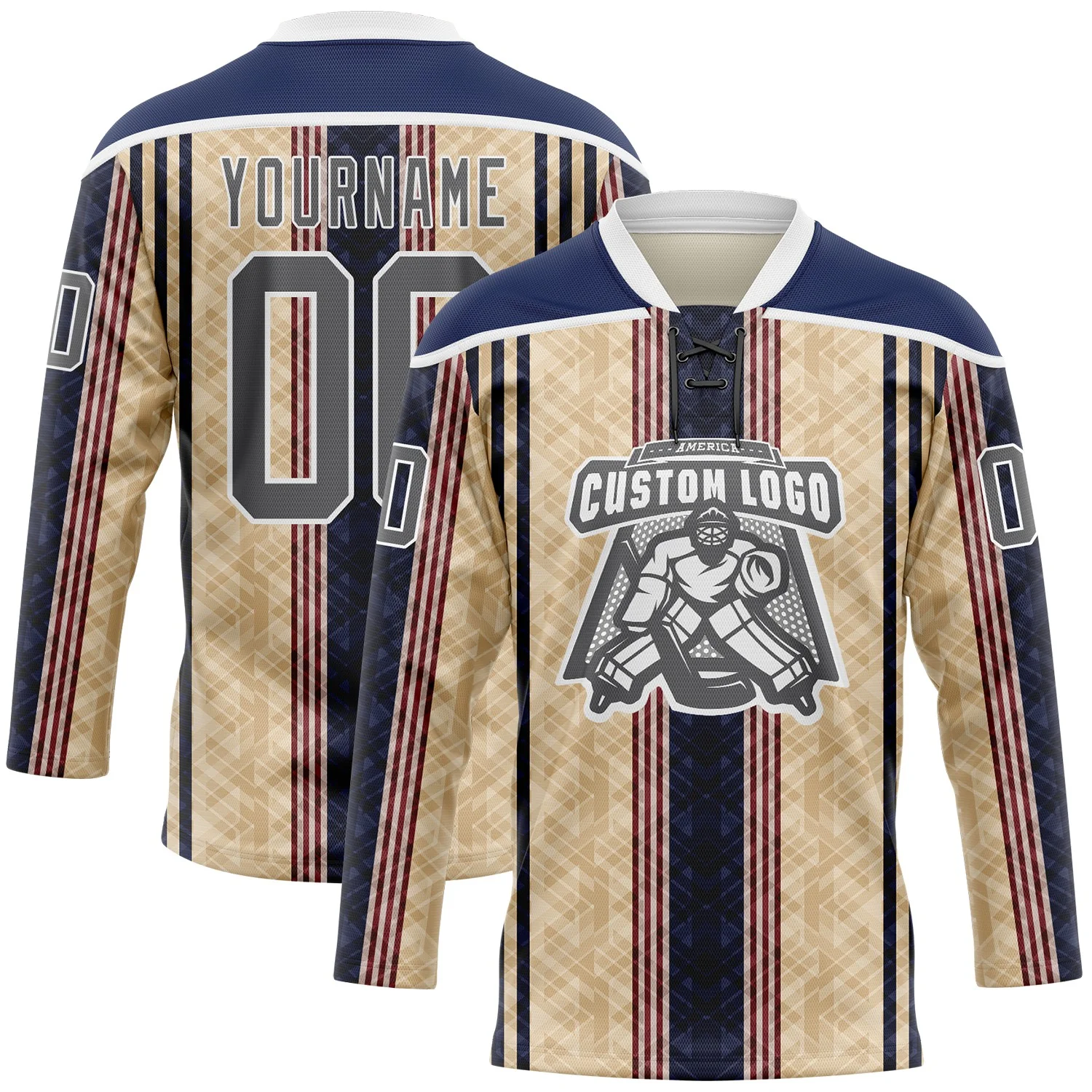Custom Cream Steel Gray Red Navy-White 3D Pattern Design Stripe Hockey Lace Neck Jersey