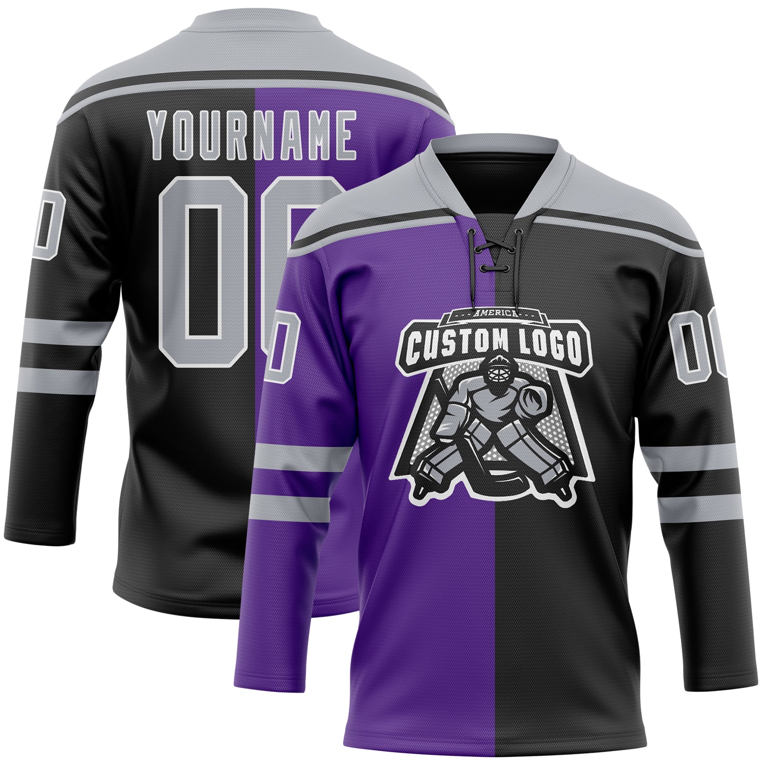 Custom Black Gray Purple-White Split Fashion Hockey Lace Neck Jersey