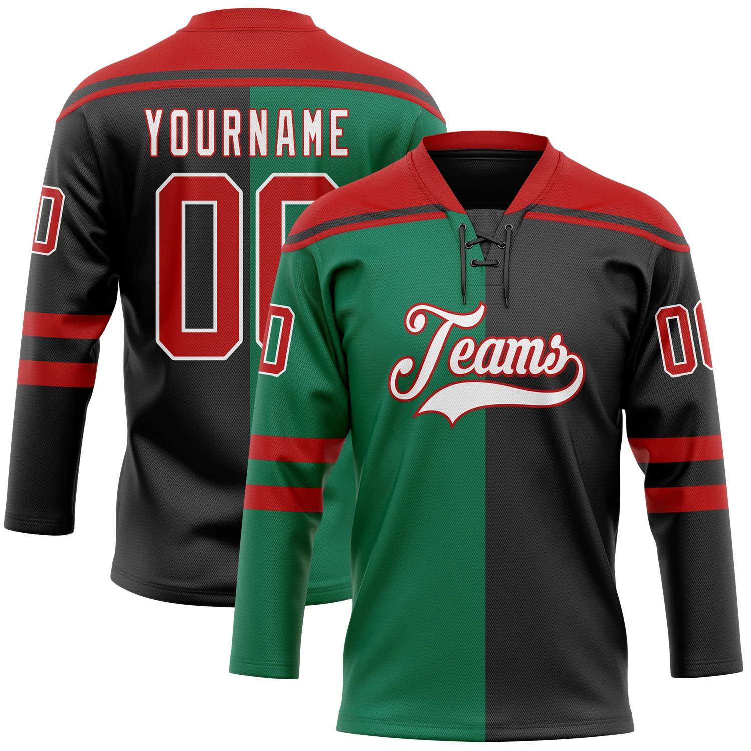 Custom Black Red Kelly Green-White Split Fashion Hockey Lace Neck Jersey