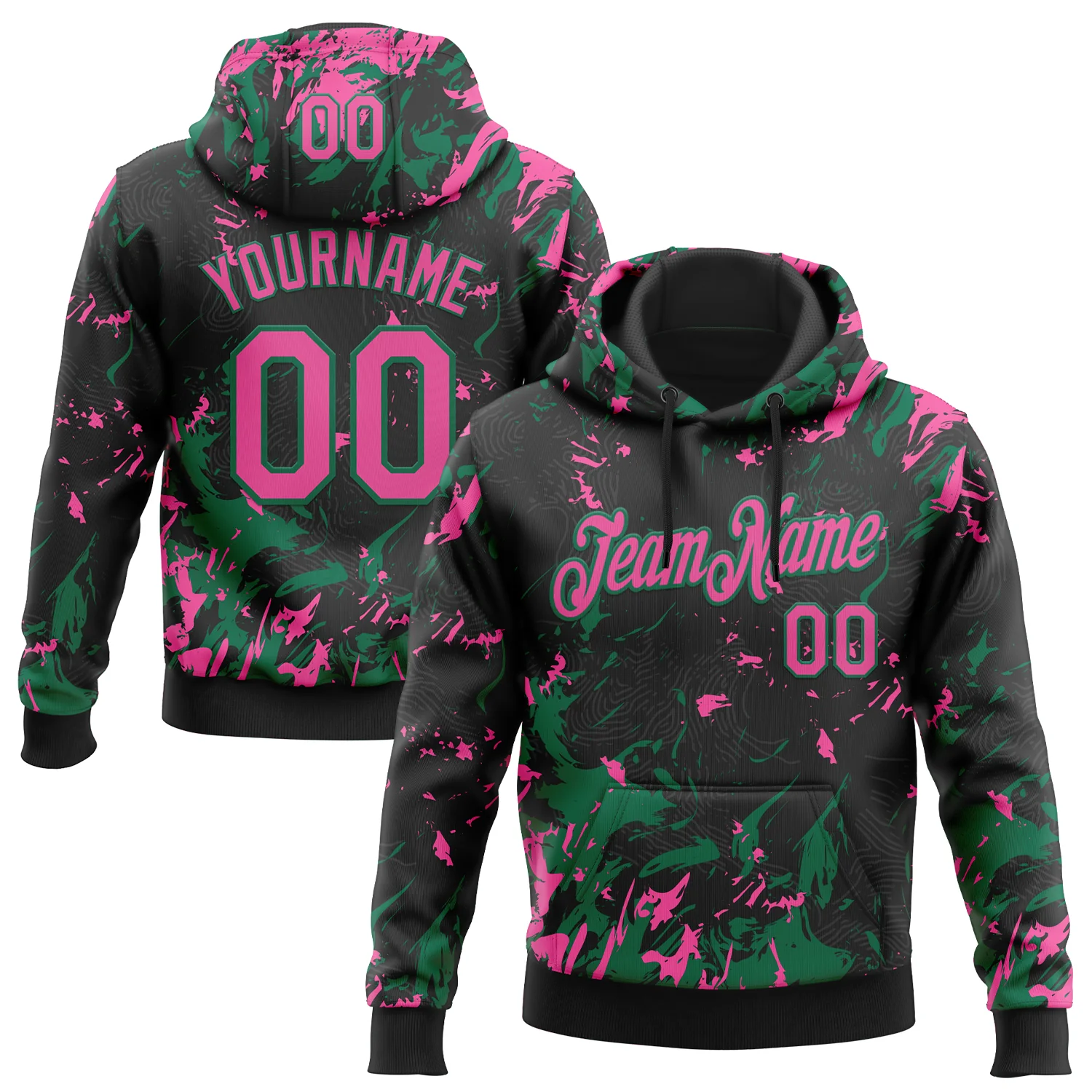 Custom Stitched Black Pink-Kelly Green 3D Pattern Design Splash Sports Pullover Sweatshirt Hoodie