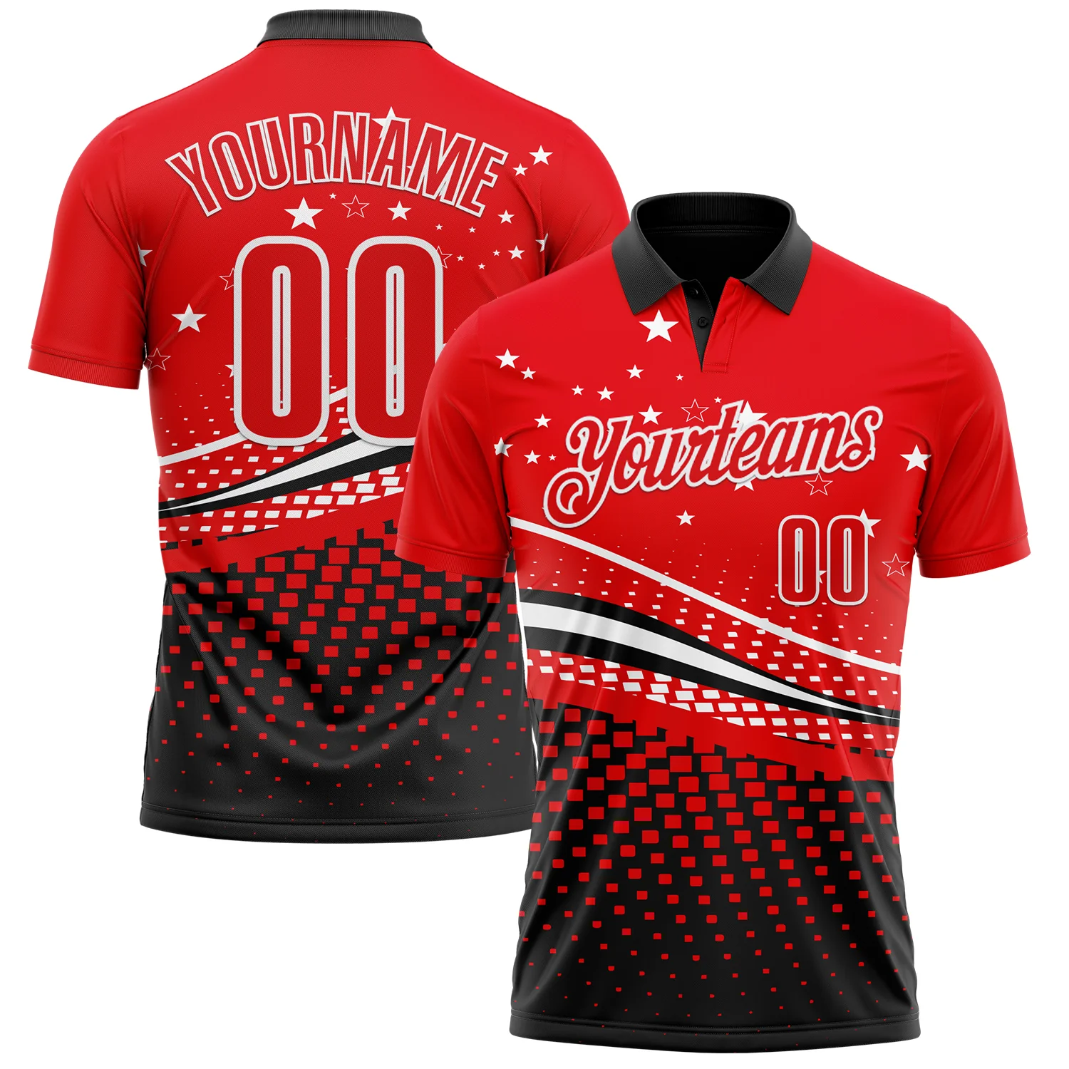 Custom Fire Red Black-White 3D Pattern Design Star And Geometric Shapes Performance Polo Shirt