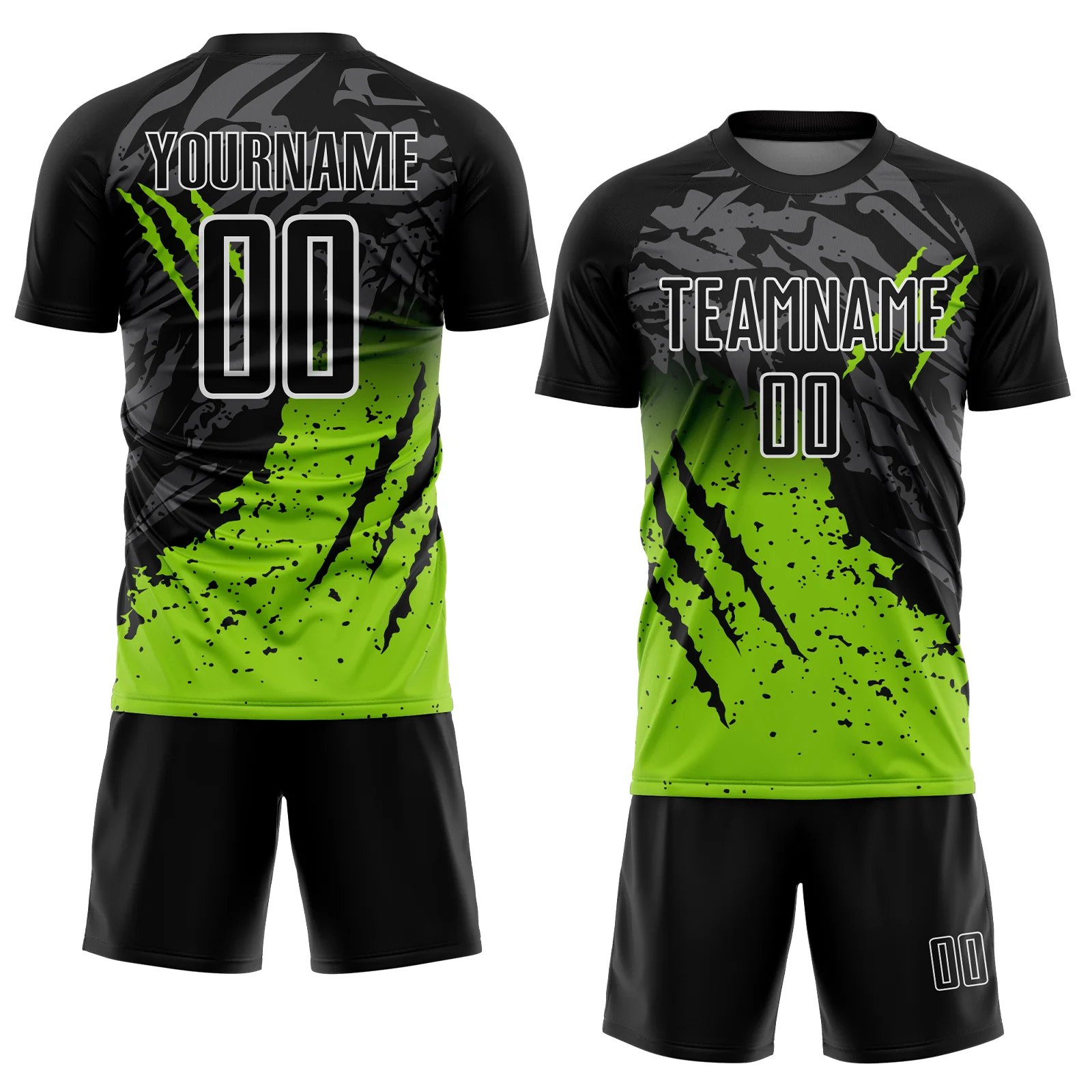 Custom Black Neon Green-White Gradient Scratch Splash Sublimation Soccer Uniform Jersey