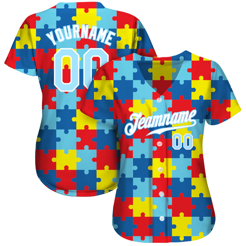 Custom Autism Supporter Awareness Puzzle Pieces Light Blue-White 3D Authentic Baseball Jersey
